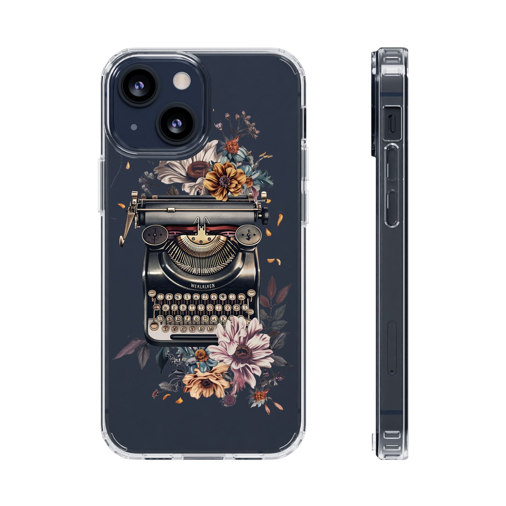 Vintage Cottagecore Typewriter Clear Phone Case with Floral Dark Academia Nostalgic Artistic Typography iPhone 13 14 15 16 Pro Max