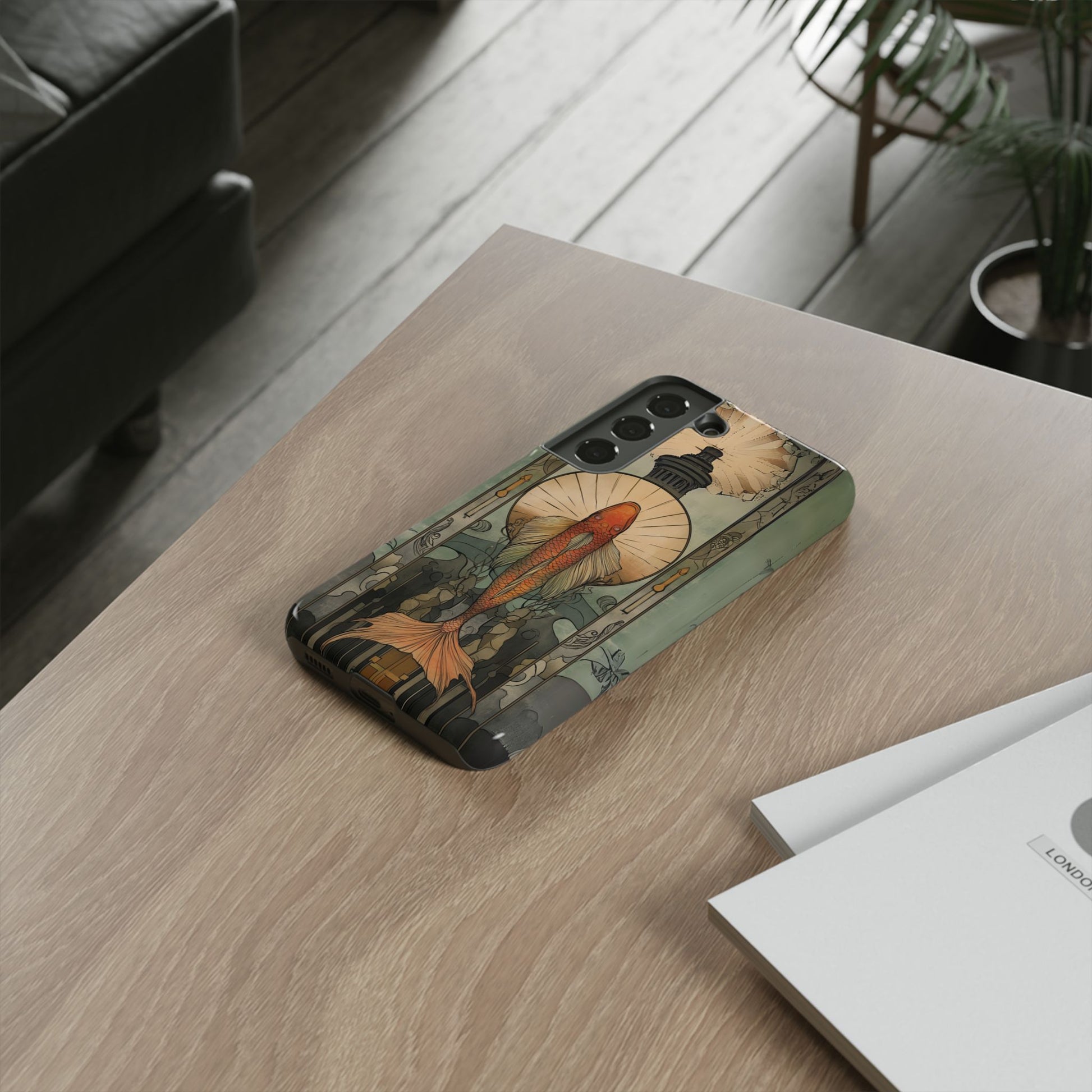 Art Deco Fish Frank Lloyd Wright Inspired Phone Case Geometric Stained Glass Art Deco Gold 13 14 15 16 iPhone Pro Max Galaxy Pixel