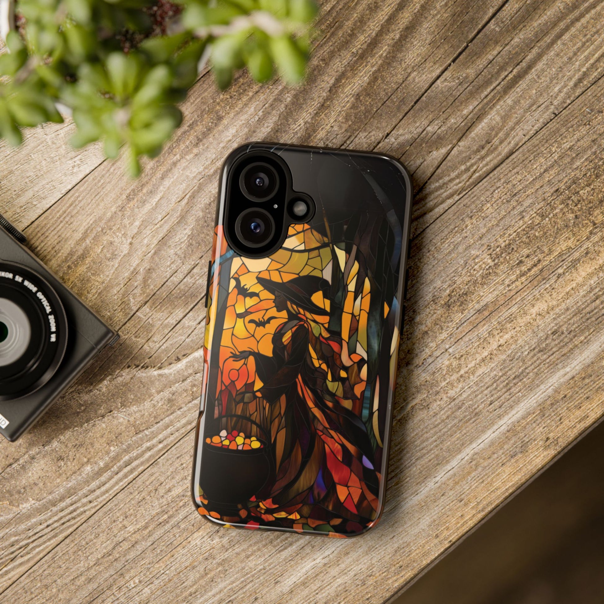 Halloween Witch Stained Glass Effect Dark Academia Spooky Fall Witchy Pumpkin Bats Seasonal Fall Mosaic Case iPhone 13 14 15 16 Pro Max