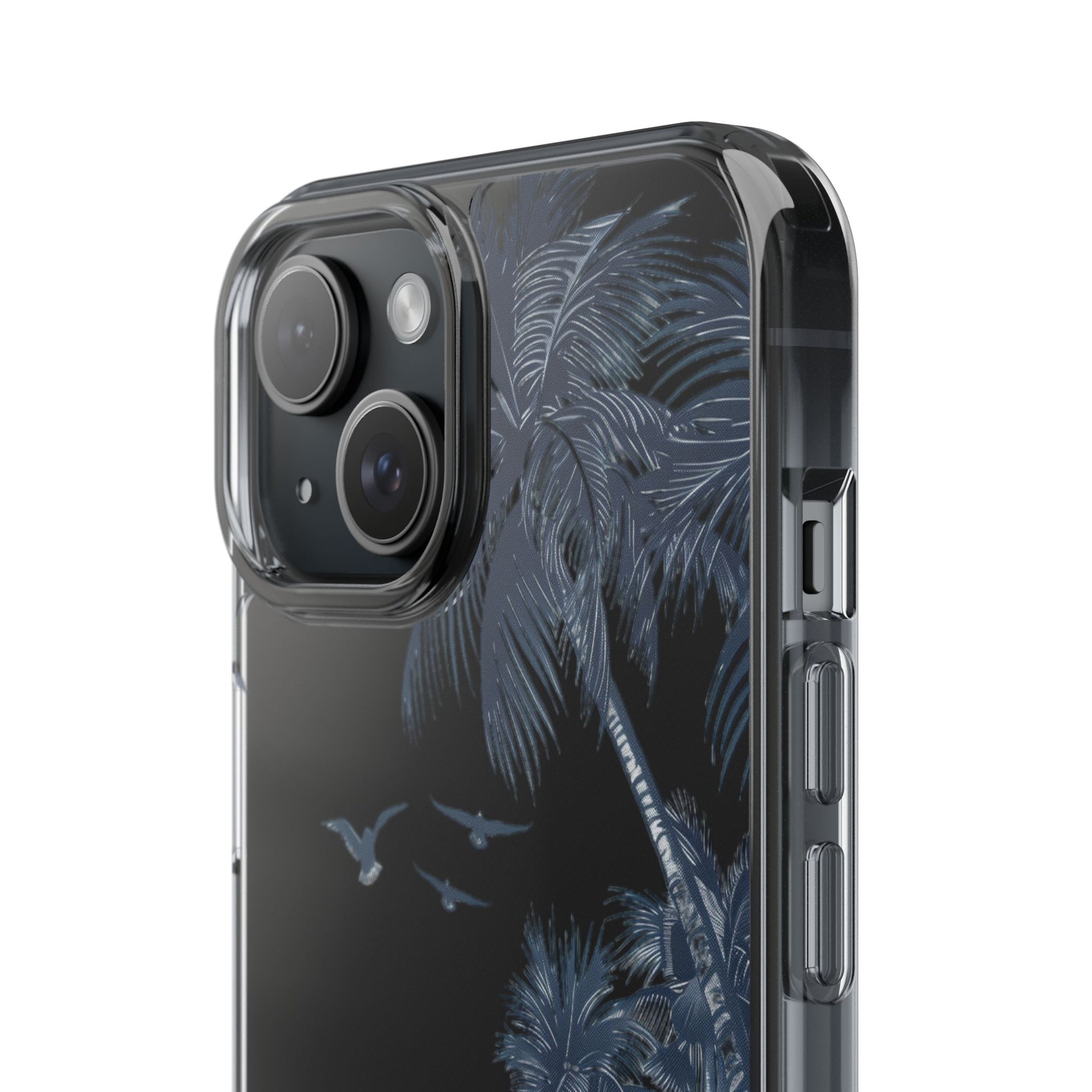 Hand-Drawn Art Beach Scene Clear Phone Case Tropical Palm Trees Surfing iPhone 13 14 15 16 Pro Max Galaxy S23