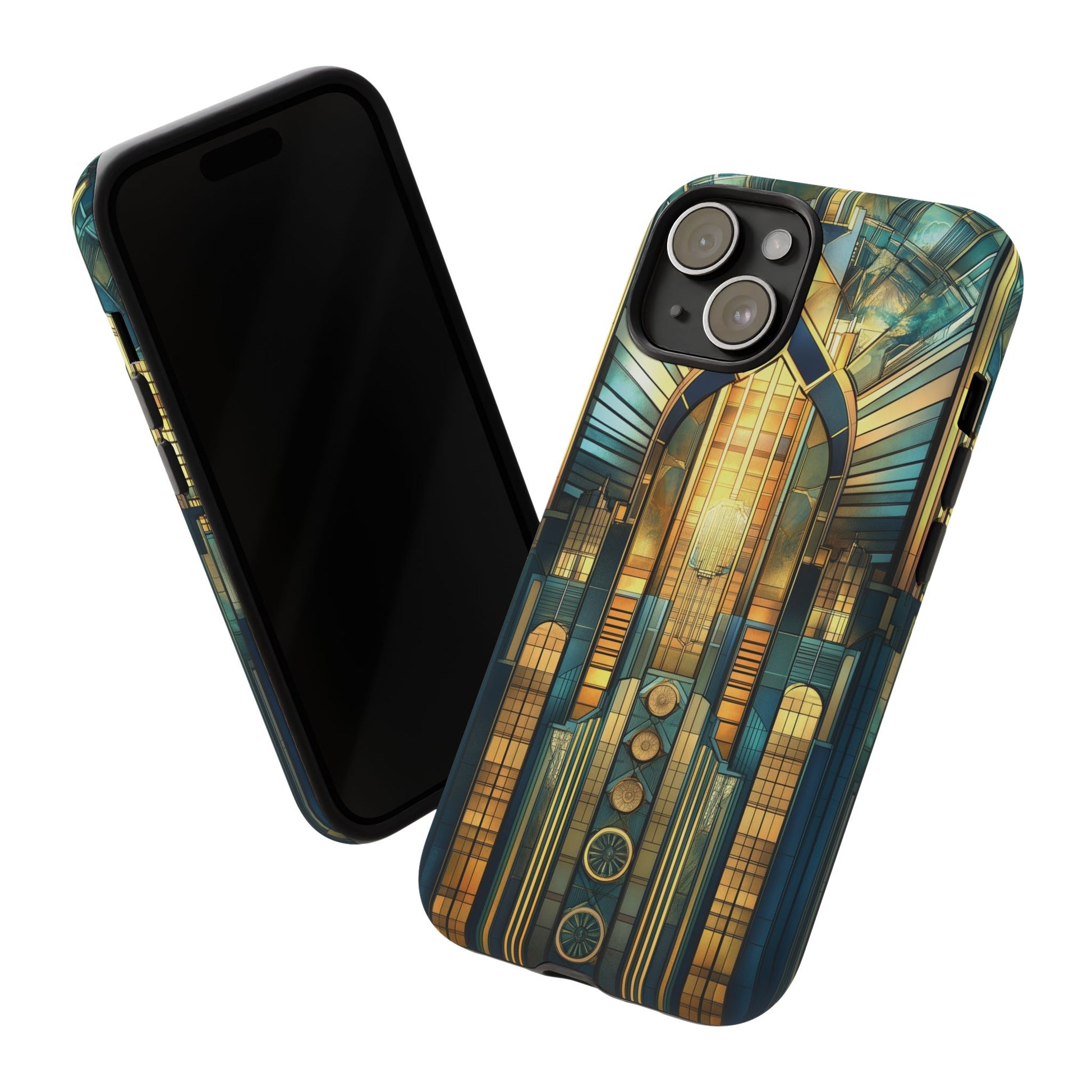 Phone Case Art Deco City Frank Lloyd Wright Teal Gold Protective Covers, Stylish Accessories, Great Gatsby Noir Nouveau iPhone 14 15 16 Pro