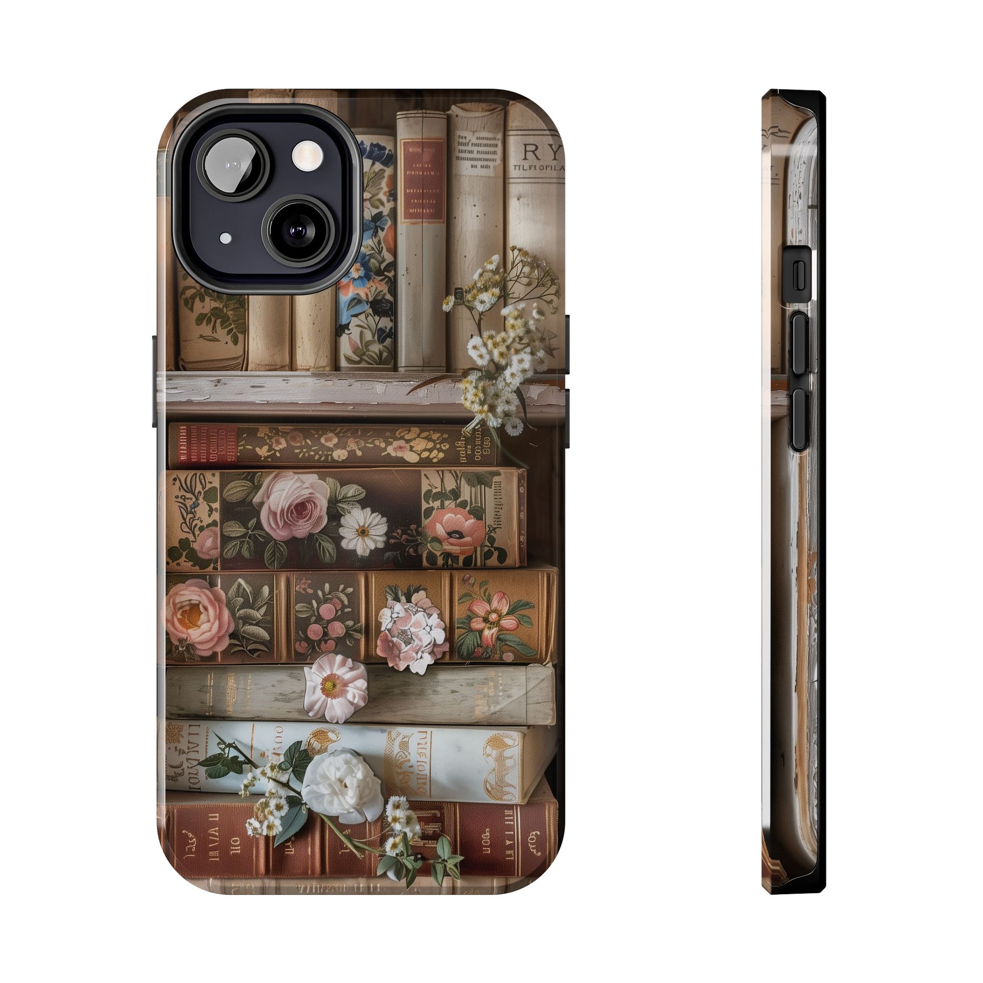 Vintage Book Stack Cottagecore Phone Case, Books with Floral Decor, Leather & Cloth Fliral iPhone Case, Pastel Roses Daisies Wildflowers
