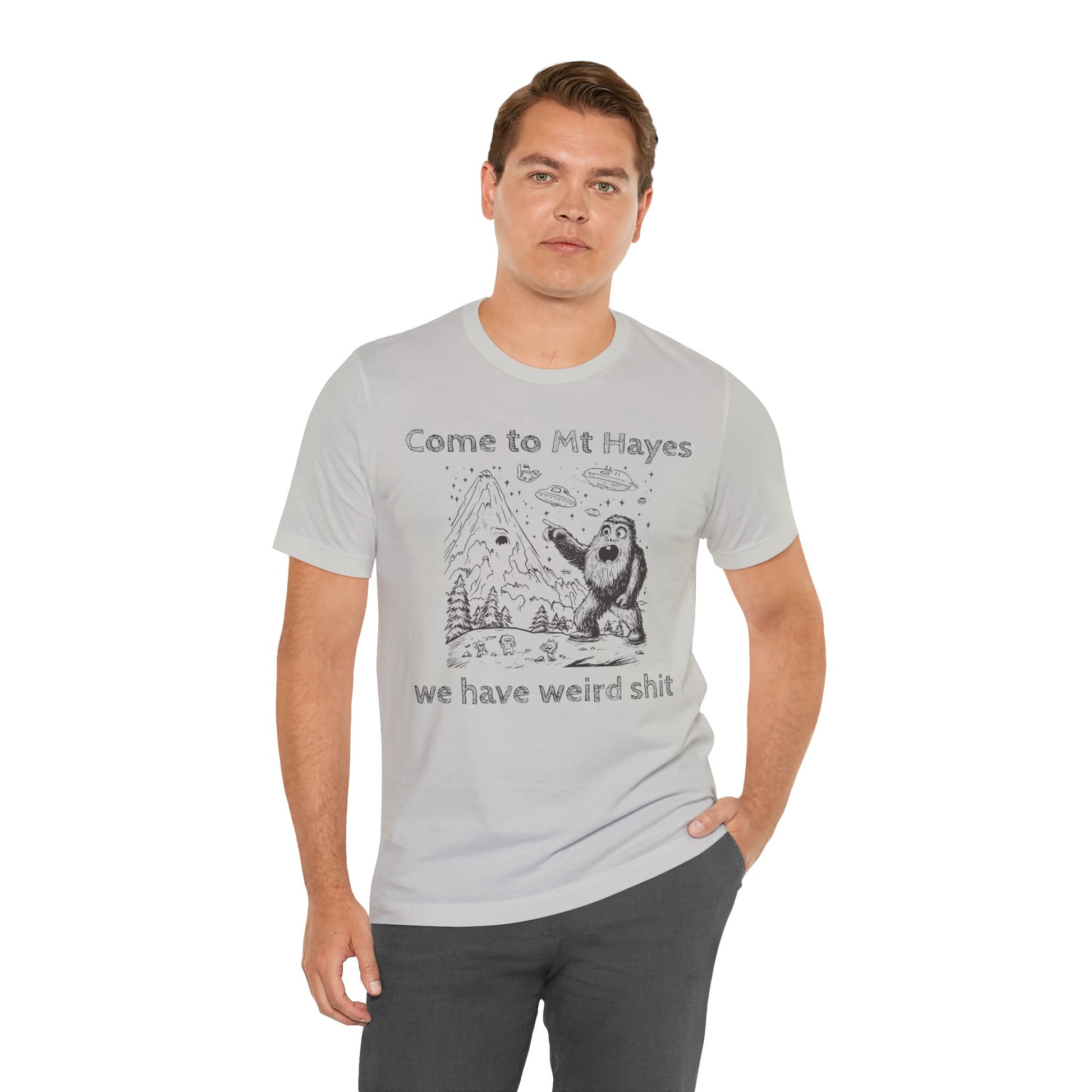 Alien Conspiracy Unisex Tee, Bigfoot Mountain Sketch Shirt, UFO Weird Stuff Tshirt, California Men's Top, Space Extraterrestrial Shirt