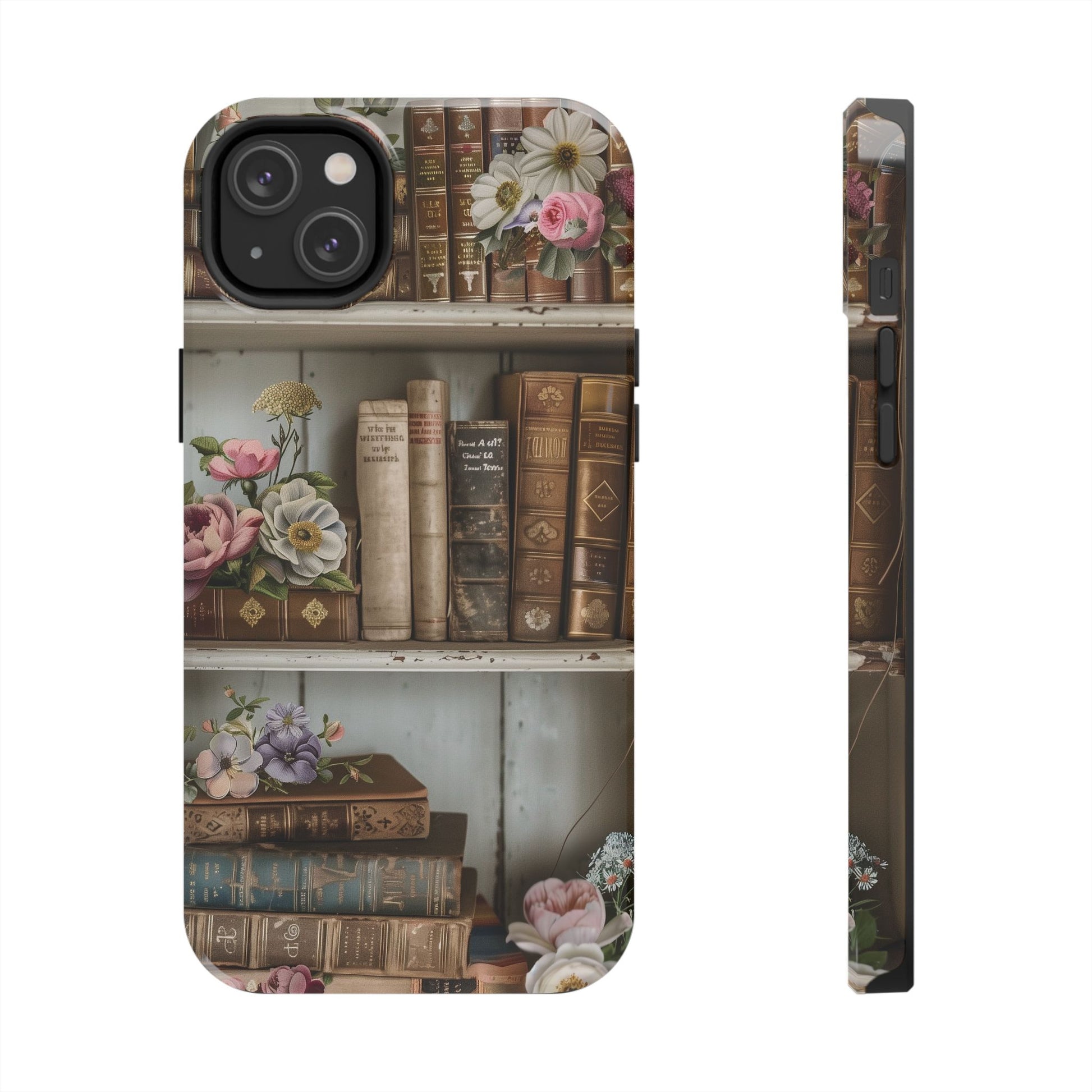 Vintage Book Stack Cottagecore Phone Case, Books with Floral Decor, Leather & Cloth Fliral iPhone Case, Pastel Roses Daisies Wildflowers