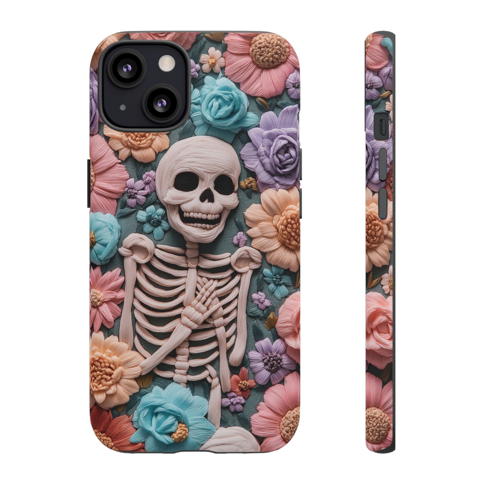 Embroidered Skeleton Gothic Cottagecore Halloween Phone Case 3D Look Flowers Pastel Custom 13 14 15 16 Pro Max Plus Galaxy Pixel