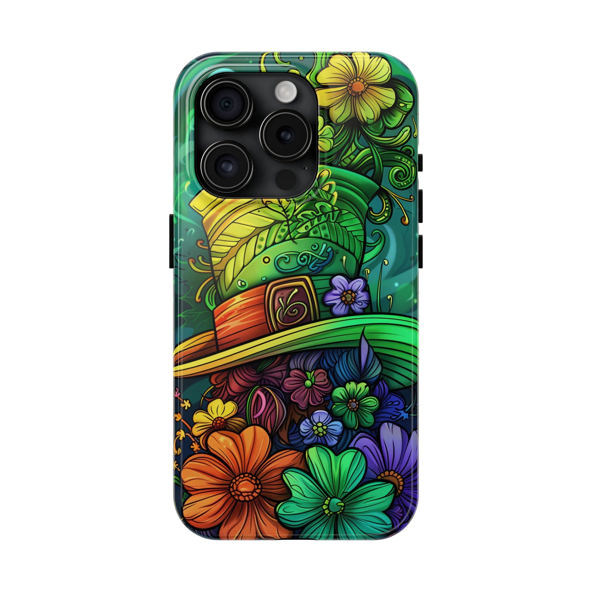 Rainbow St. Patricks Day Good Lucky Phone Case Green Shamrock Protective Tough Durable iPhone 13 14 15 16 Pro Max Plus Galaxy Top Hat Charm