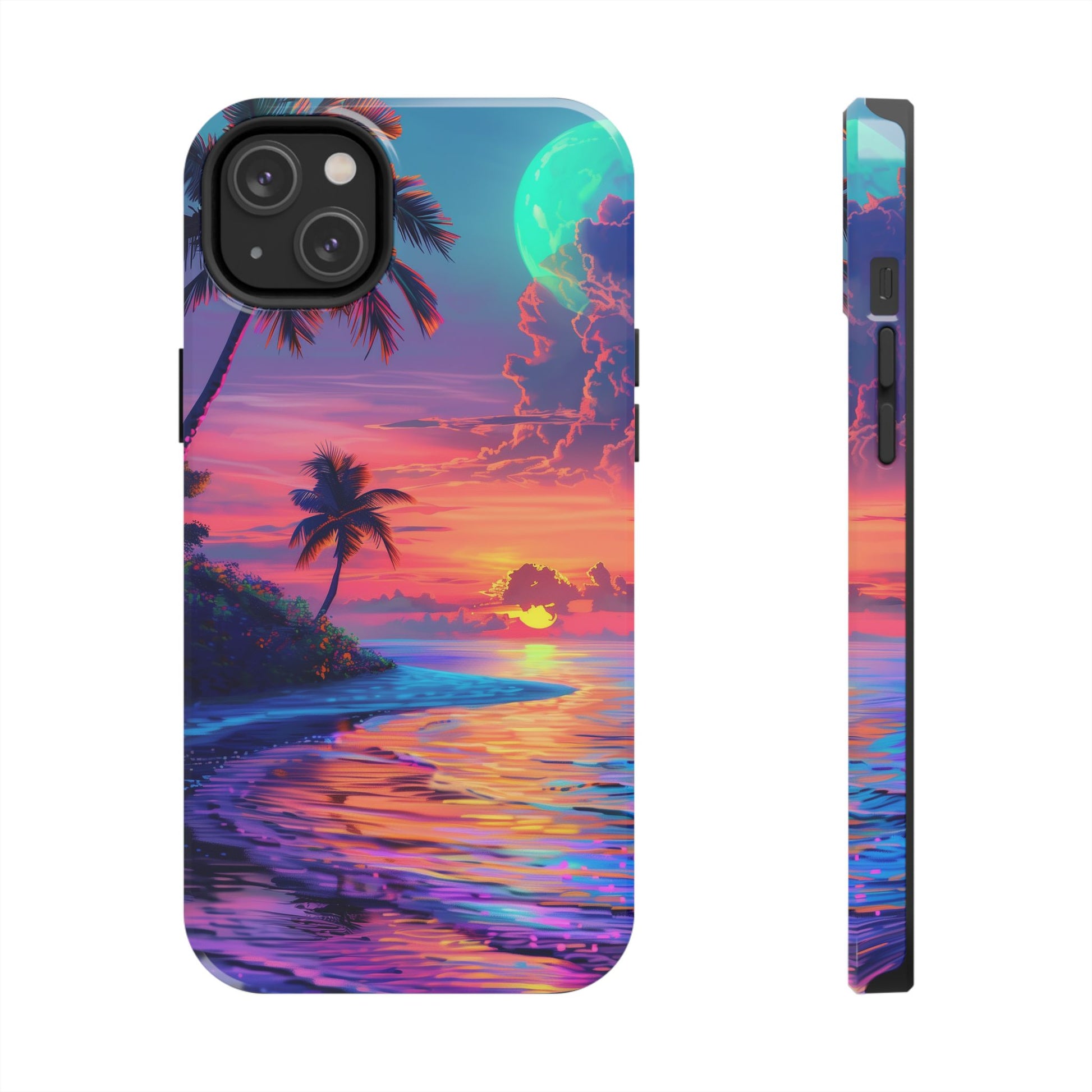 Tough Beach Scene Phone Case - Durable Phone Cover with Lisa Frank Inspired Beach Art - Protective Case with Vibrant Beach Design