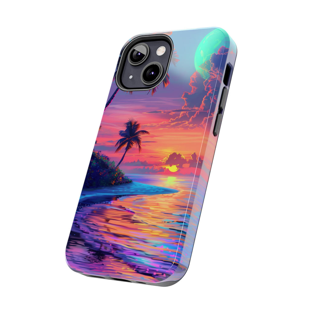Tough Beach Scene Phone Case - Durable Phone Cover with Lisa Frank Inspired Beach Art - Protective Case with Vibrant Beach Design