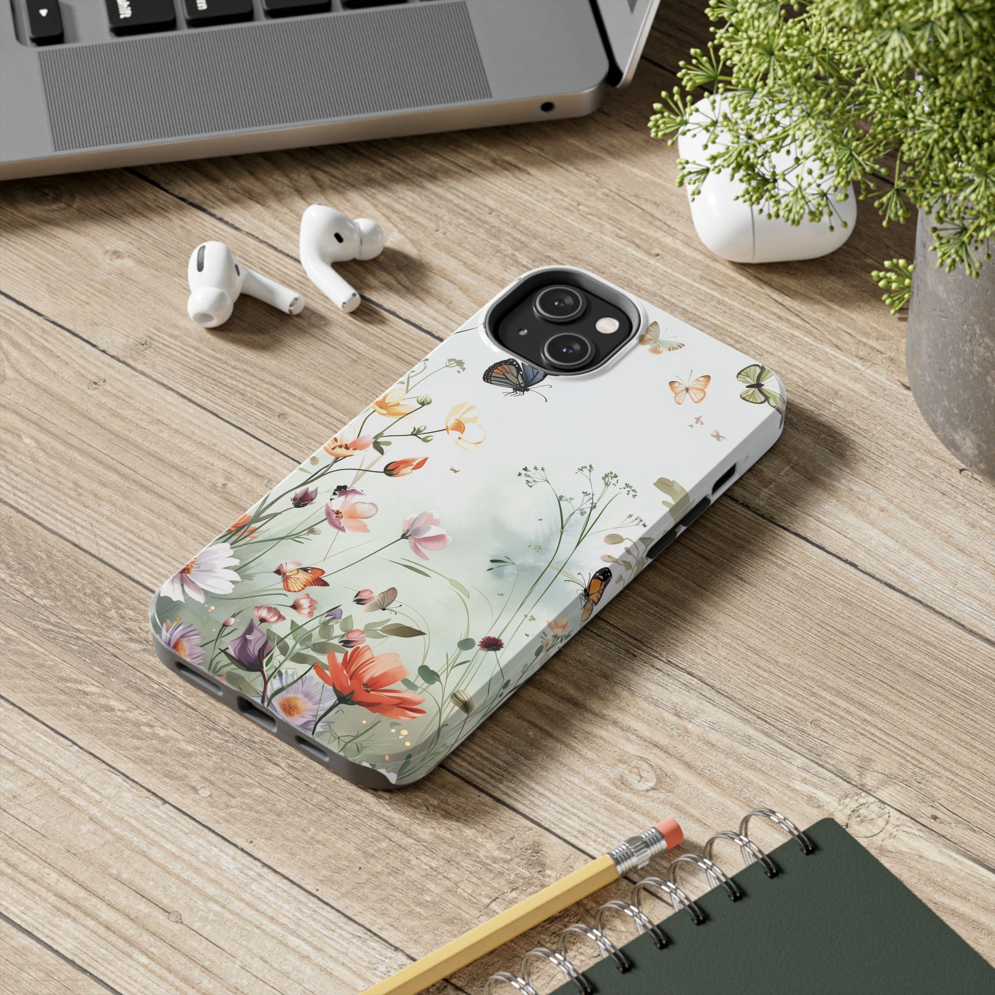 Butterfly Meadow Scene Cottagecore iPhone 15, Pastel Wildflowers & Butterflies, Natural iPhone Case, Cottagecore Garden Case, iPhone 14