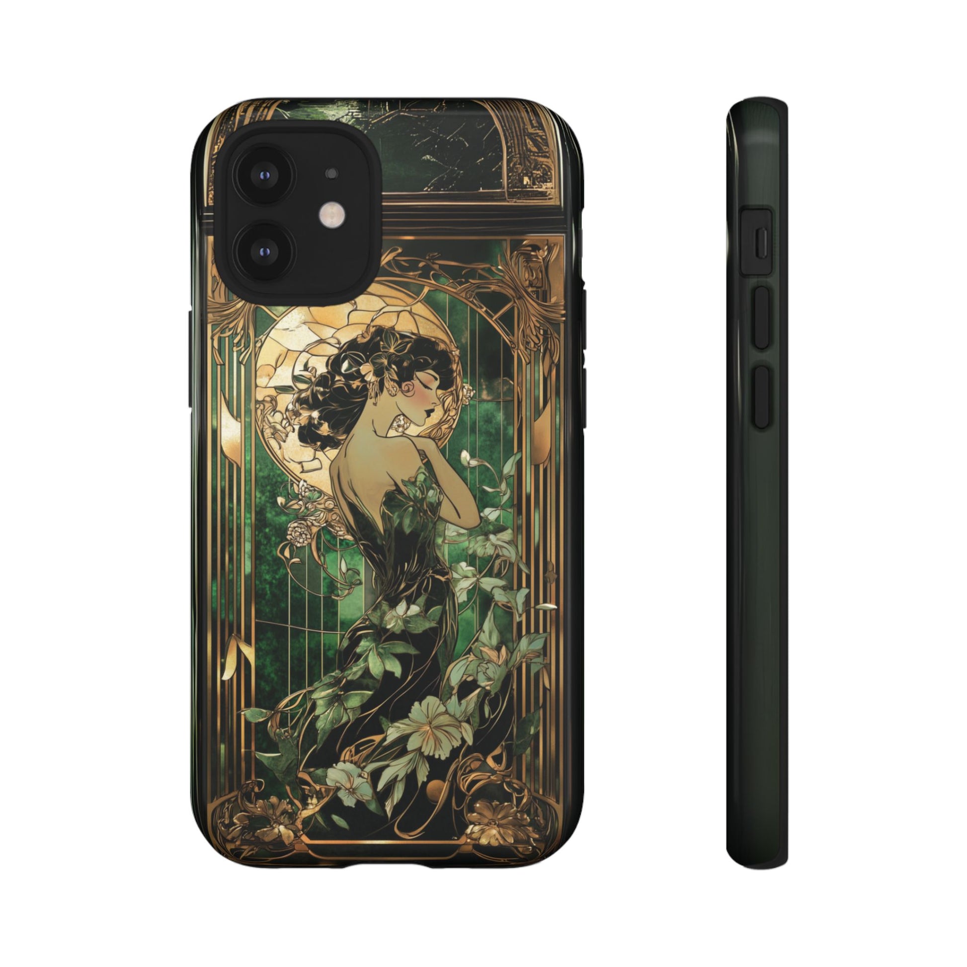 Art Deco Fairy Flapper Woman Phone Case 1920s Art Nouveau Design in Emerald & Gold Alphonse Mucha Style Gatsby Style Poster