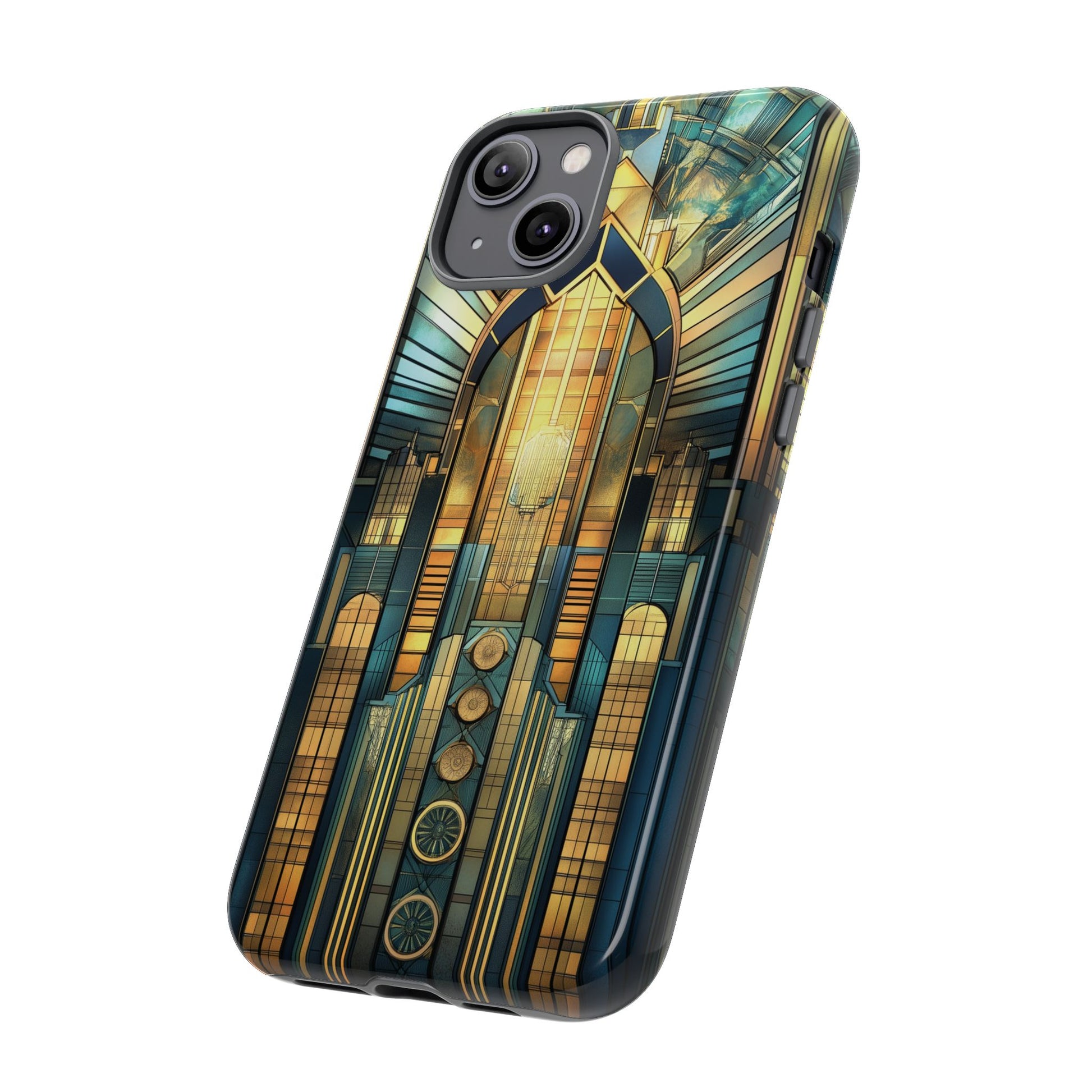 Phone Case Art Deco City Frank Lloyd Wright Teal Gold Protective Covers, Stylish Accessories, Great Gatsby Noir Nouveau iPhone 14 15 16 Pro