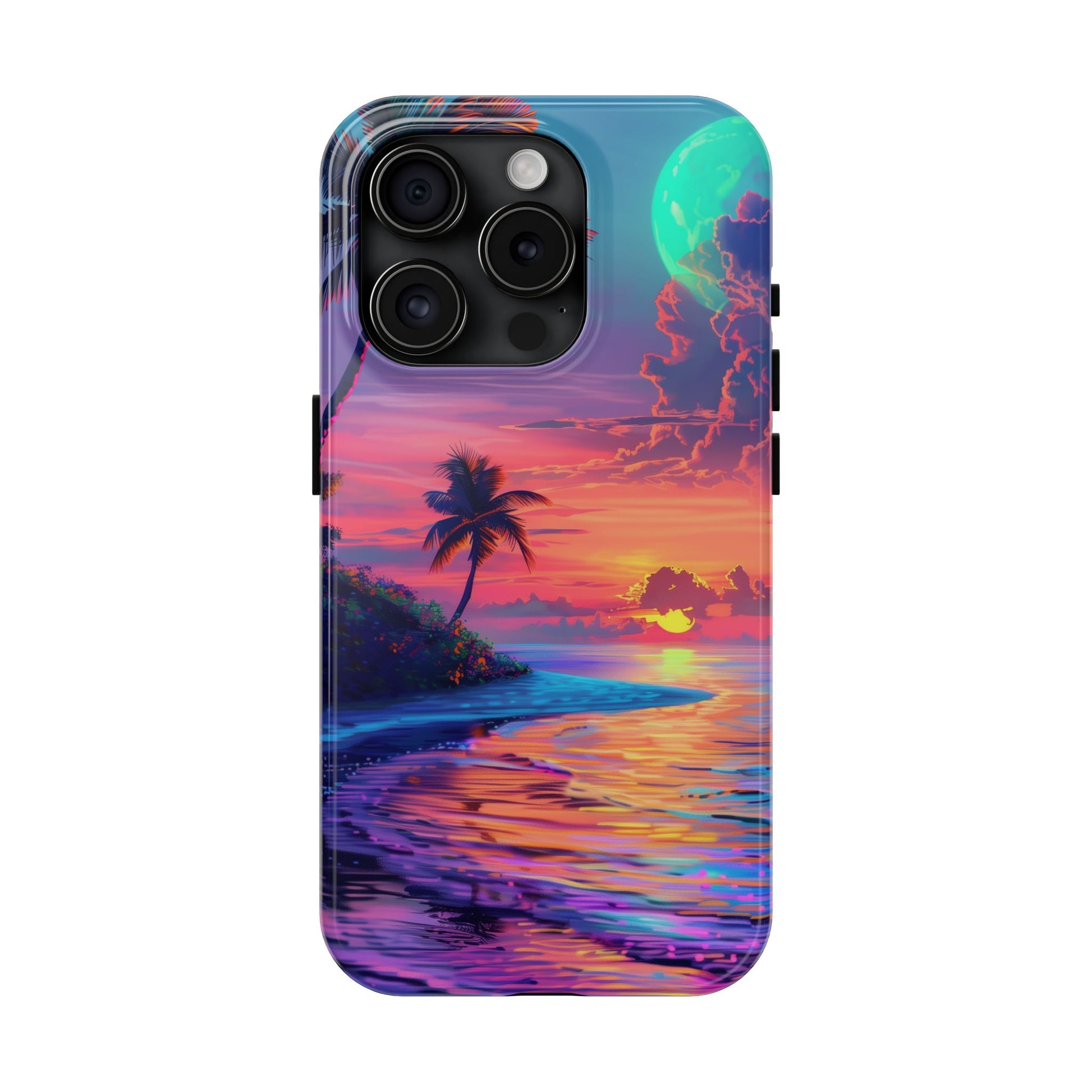 Tough Beach Scene Phone Case - Durable Phone Cover with Lisa Frank Inspired Beach Art - Protective Case with Vibrant Beach Design