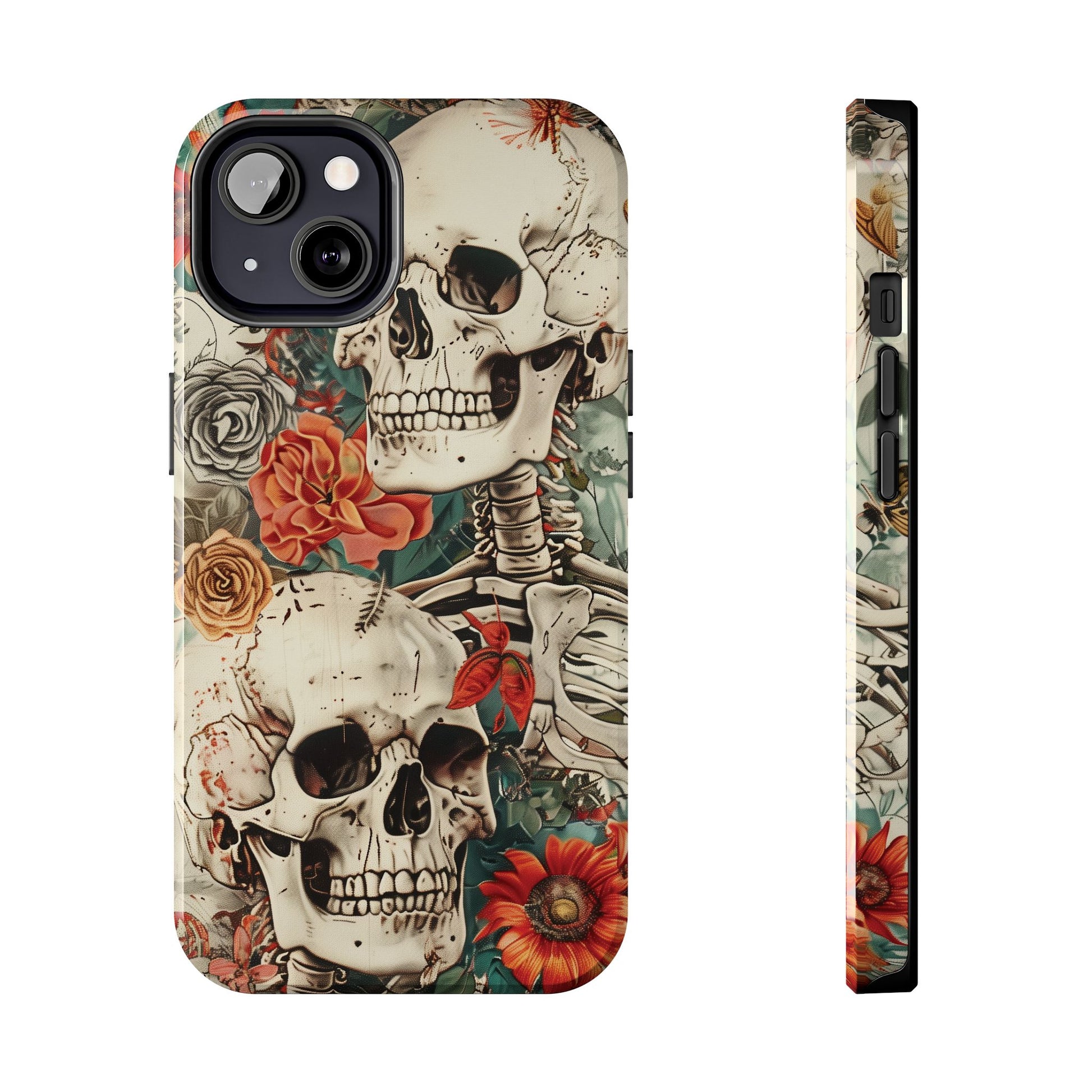 Skulls Floral Phone Case, Flowers and Skeletons , Halloween Cottagecore Day of the Dead, iPhone Dia de Los Muertos Gothic