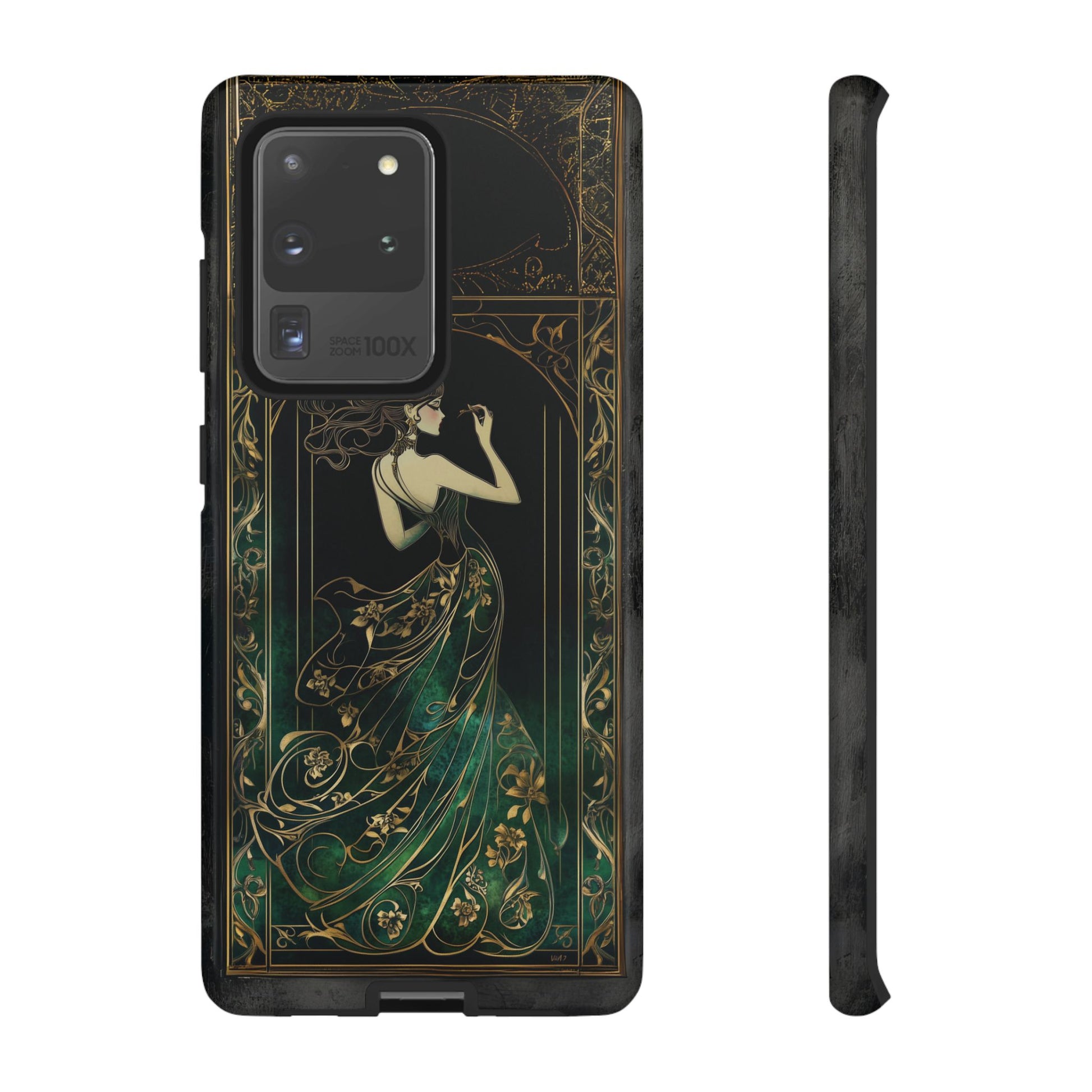 Art Deco Flapper Woman Phone Case 1920s Art Nouveau Design in Emerald & Gold Alphonse Mucha Style Gatsby Style Poster
