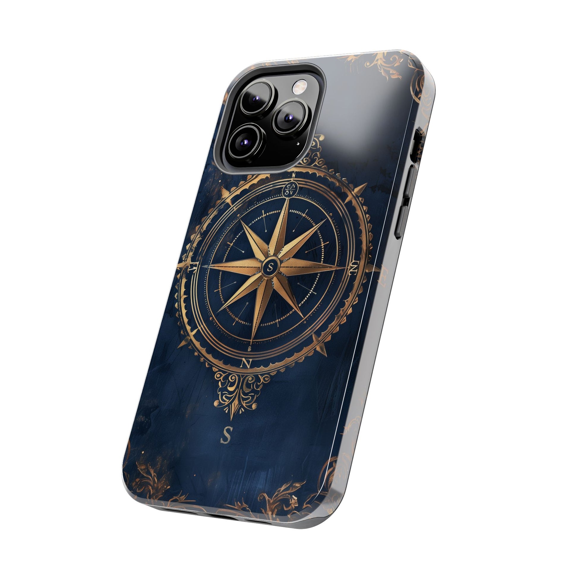 Golden Compass Rose Phone Case, Dark Blue Nautical Design, Unique Maritime Smartphone Cover, Stylish Accessory, Perfect for Travel Lovers