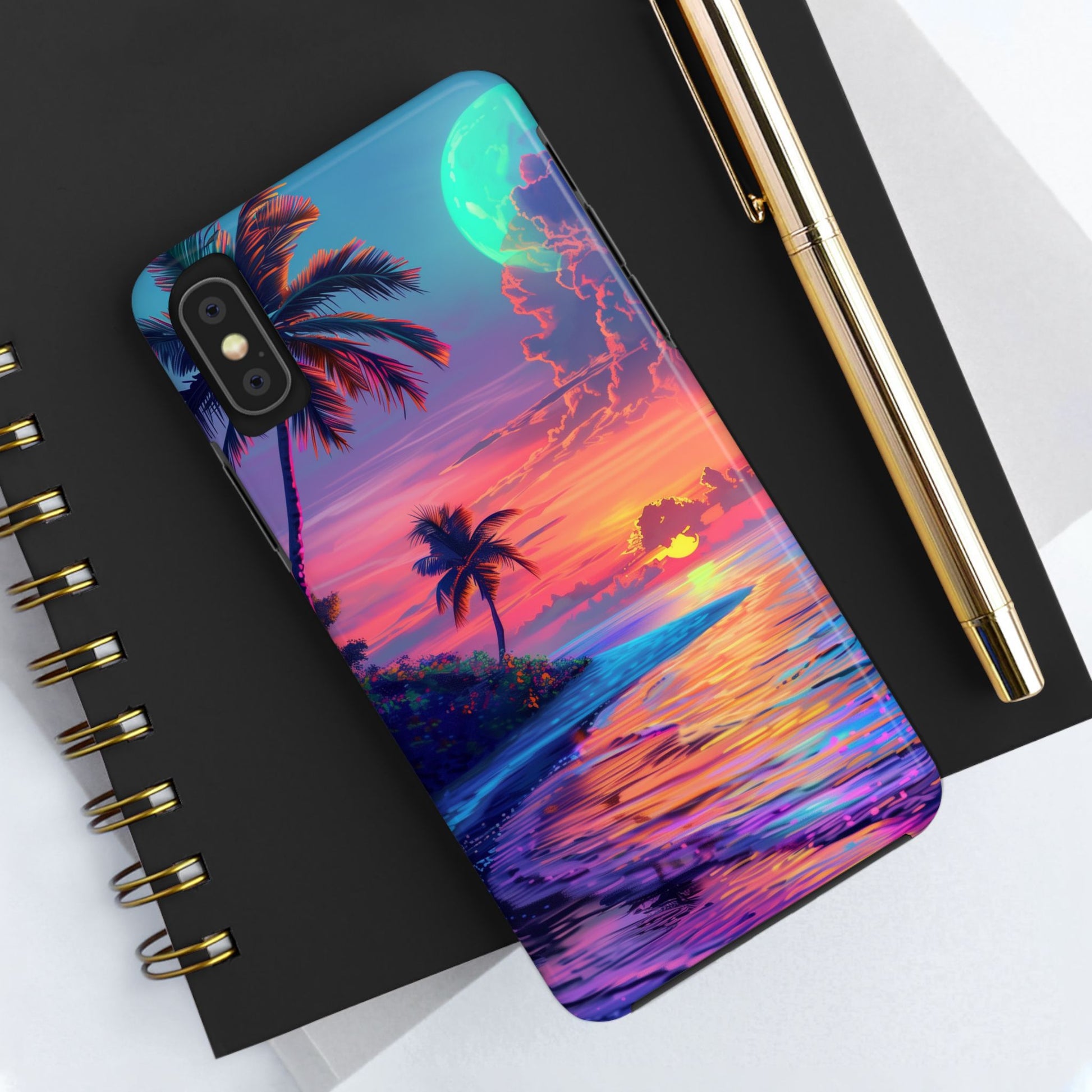 Tough Beach Scene Phone Case - Durable Phone Cover with Lisa Frank Inspired Beach Art - Protective Case with Vibrant Beach Design