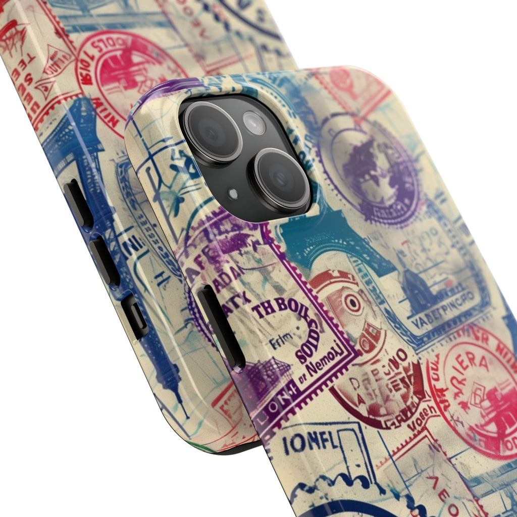 Travel Stamps Tough Phone Case - Durable Vintage Travel Stamps Design - Adventure Inspired Phone Case - Protective Case with travel stamps