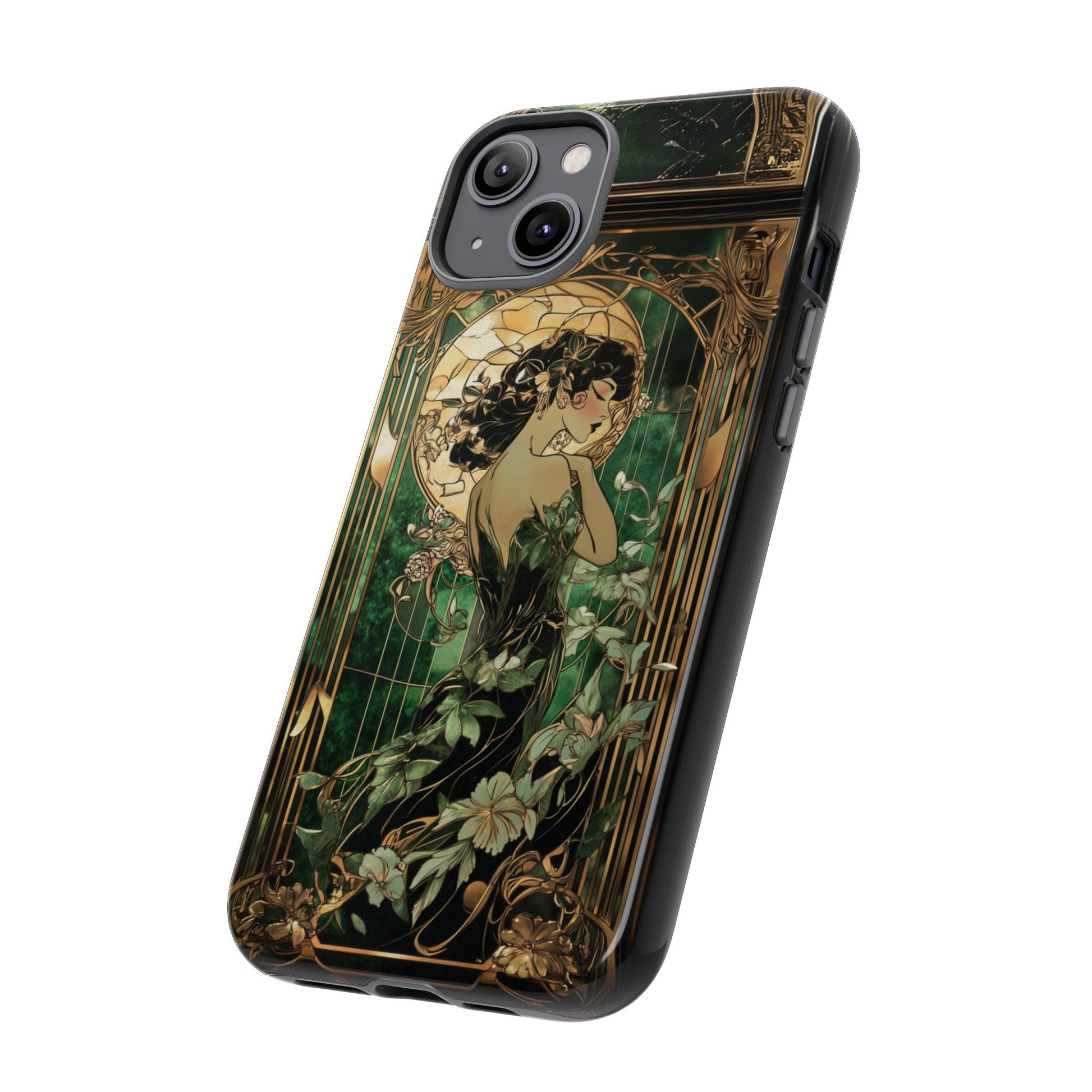Art Deco Fairy Flapper Woman Phone Case 1920s Art Nouveau Design in Emerald & Gold Alphonse Mucha Style Gatsby Style Poster