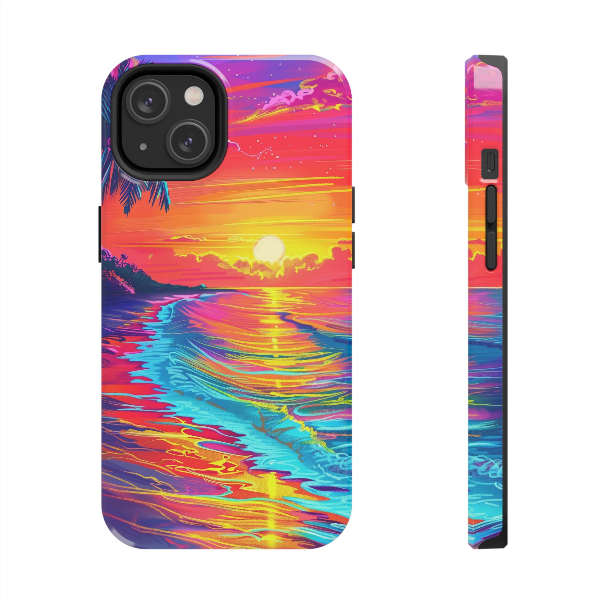 Tough Beach Sunrise Phone Case - Durable Case Lisa Frank Inspired Beach Art - Vibrant Beach Design - Colorful Phone Case for Beach Lovers