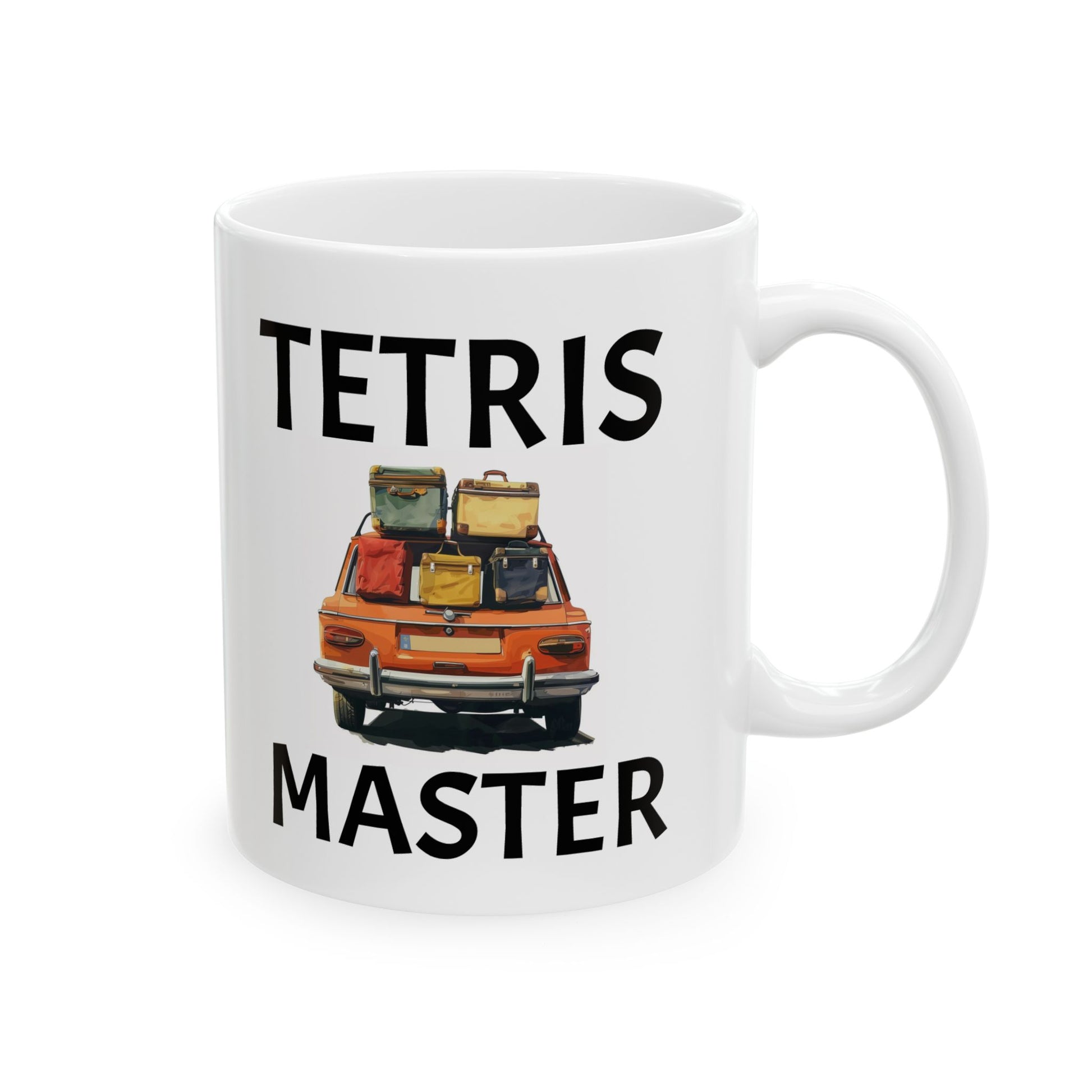 White mug with a graphic of a van and 'TETRIS MASTER' text on a white background