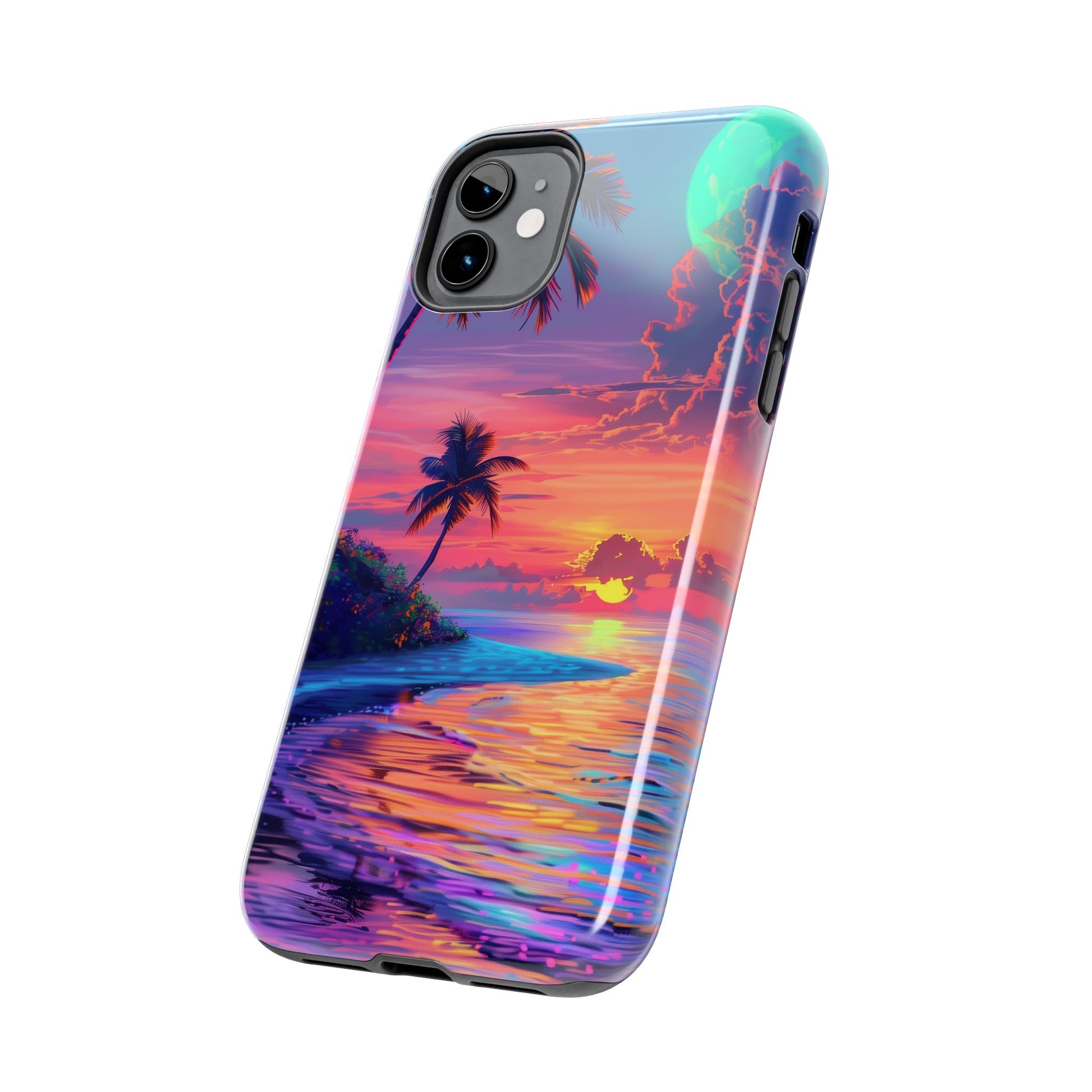 Tough Beach Scene Phone Case - Durable Phone Cover with Lisa Frank Inspired Beach Art - Protective Case with Vibrant Beach Design