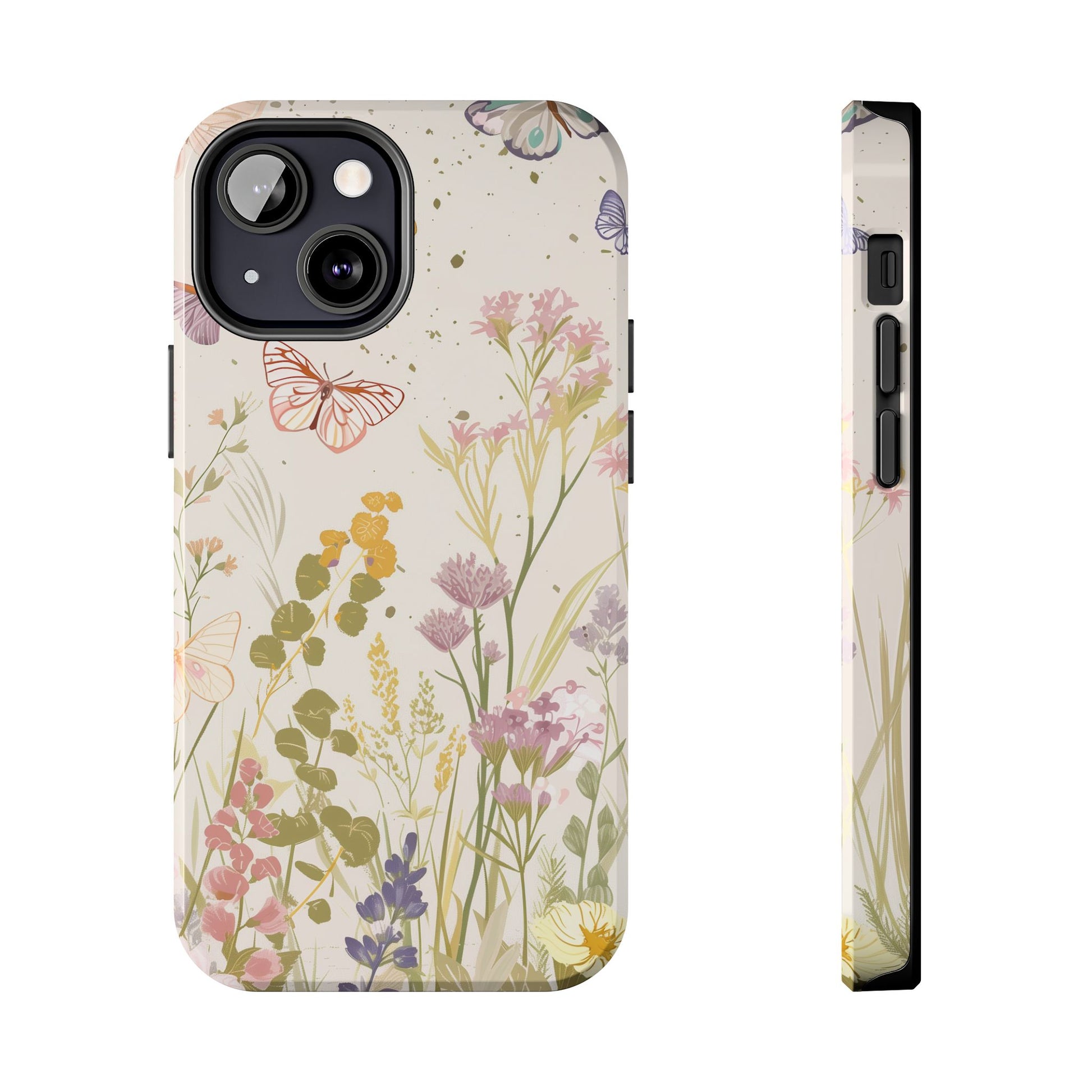 Butterfly Meadow Scene Cottagecore iPhone 15, Pastel Wildflowers & Butterflies, Natural iPhone Case, Cottagecore Garden Case, iPhone 14