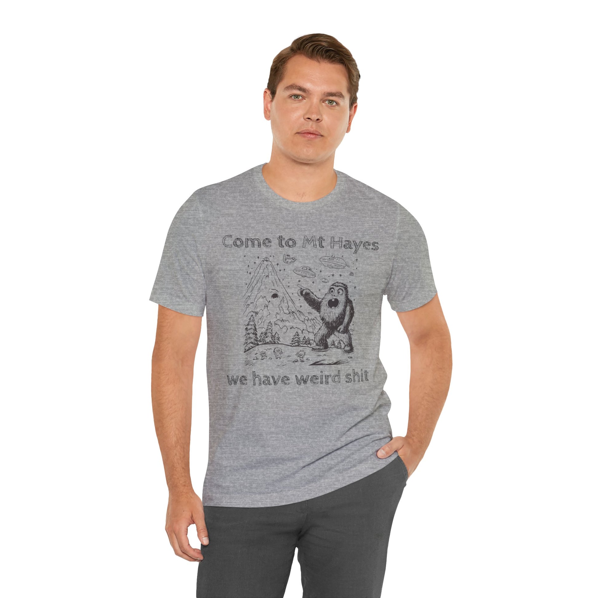 Alien Conspiracy Unisex Tee, Bigfoot Mountain Sketch Shirt, UFO Weird Stuff Tshirt, California Men's Top, Space Extraterrestrial Shirt