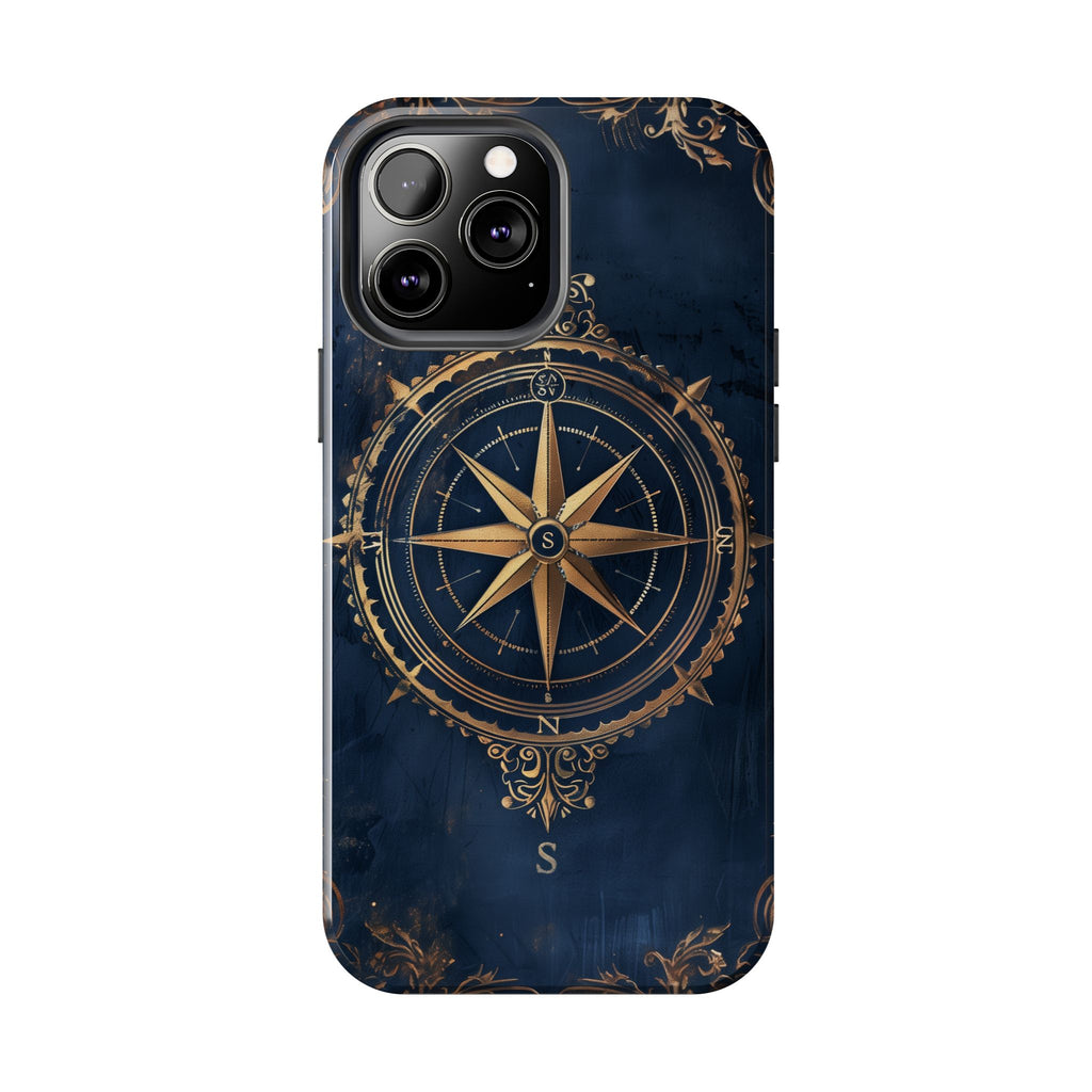 Golden Compass Rose Phone Case, Dark Blue Nautical Design, Unique Maritime Smartphone Cover, Stylish Accessory, Perfect for Travel Lovers