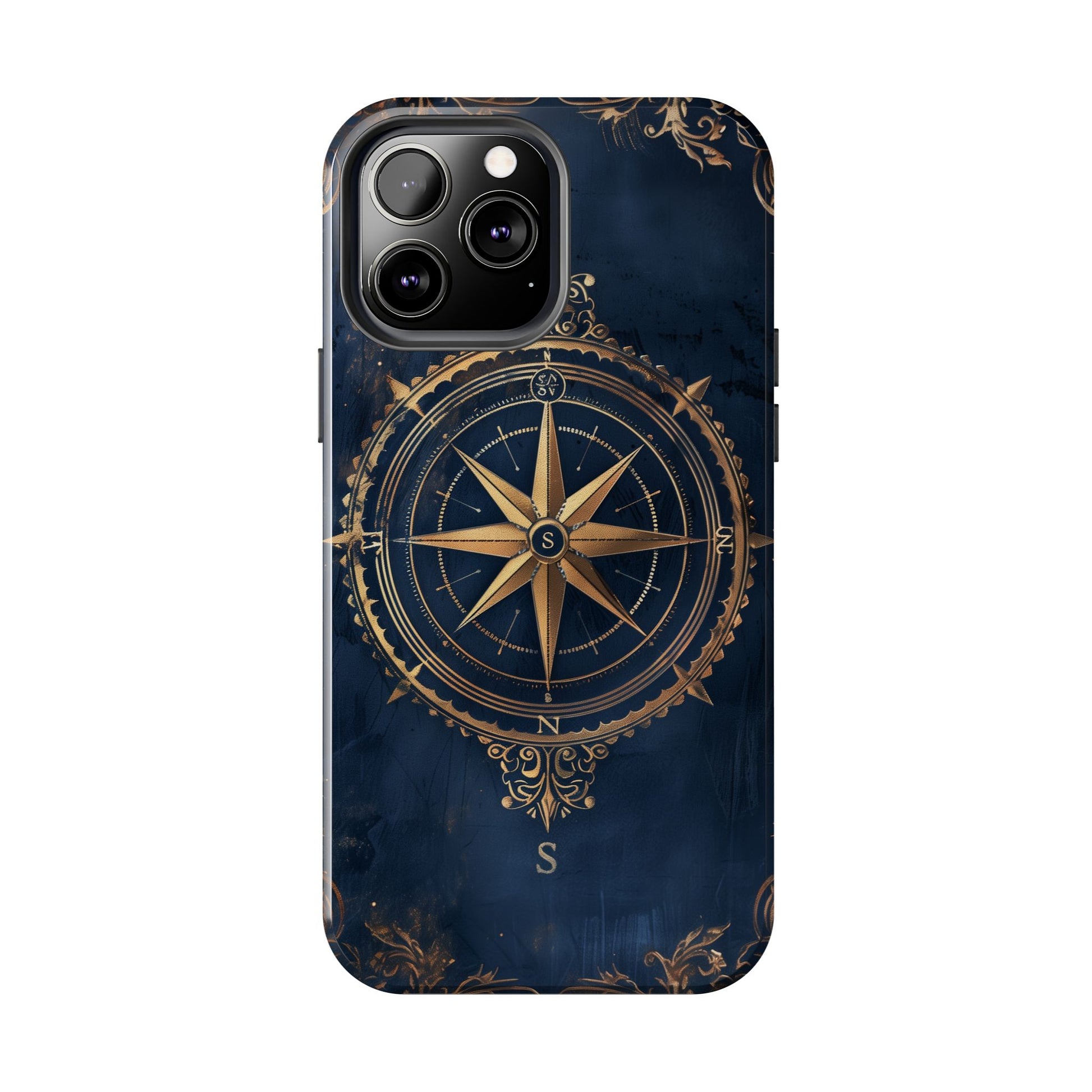 Golden Compass Rose Phone Case, Dark Blue Nautical Design, Unique Maritime Smartphone Cover, Stylish Accessory, Perfect for Travel Lovers