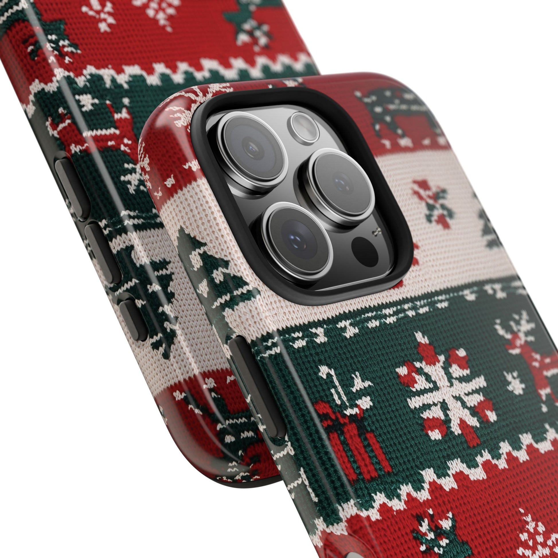 Ugly Christmas Sweater Phone Case Festive 3D Knit Textured Red White Green Holiday Knit Design Tree Reindeer iPhone 13 14 15 16 Pro Max
