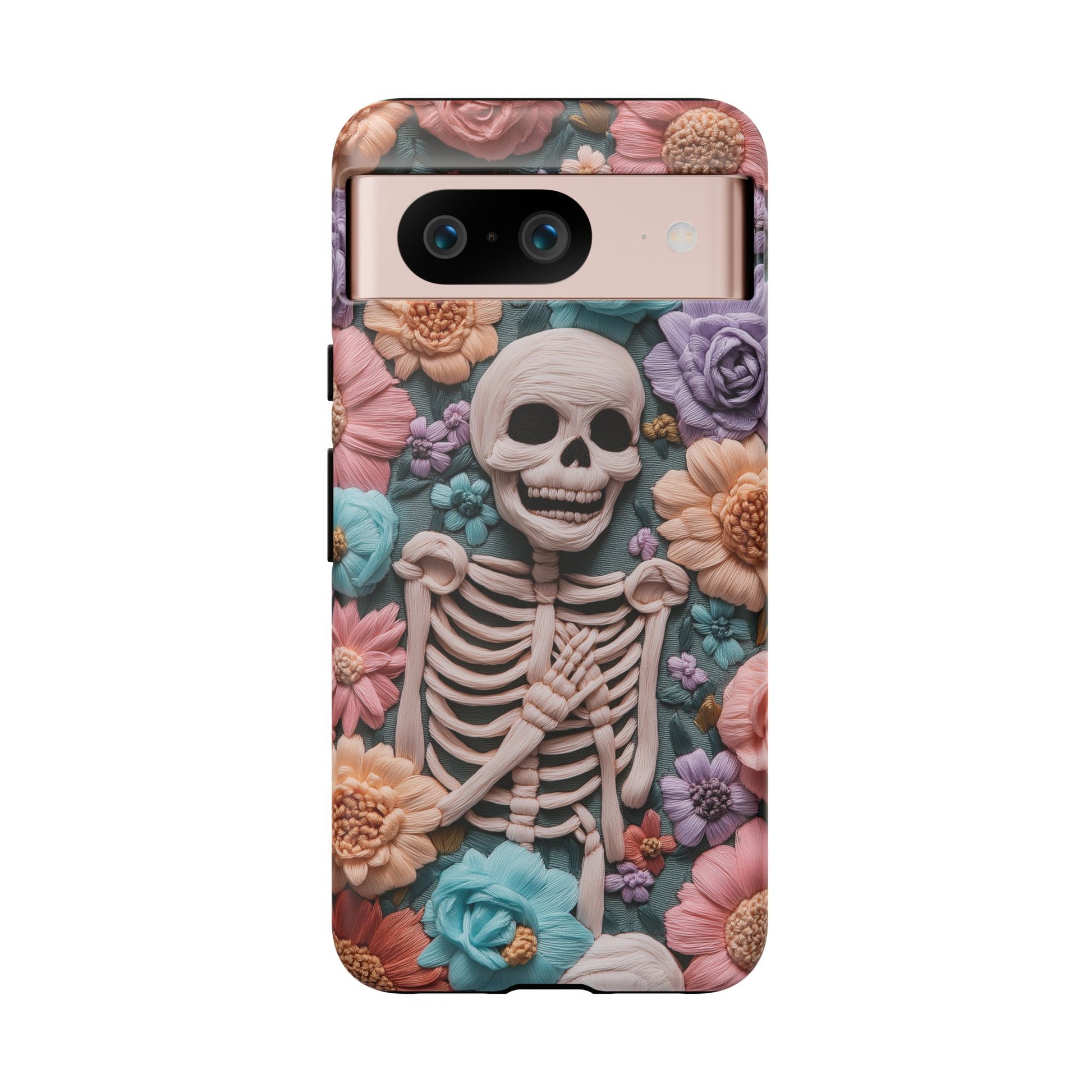 Embroidered Skeleton Gothic Cottagecore Halloween Phone Case 3D Look Flowers Pastel Custom 13 14 15 16 Pro Max Plus Galaxy Pixel