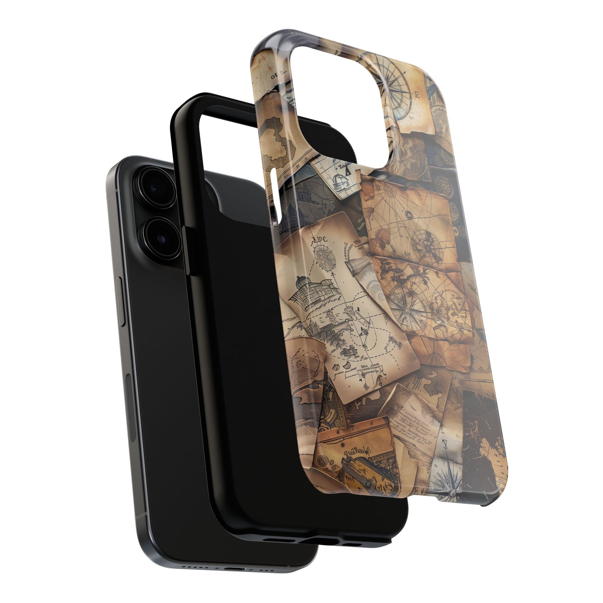 Double Layer Adventure Phone Case - Protective Phone Case Vintage Map and Compass Design - Dual Layer Case with Map Print