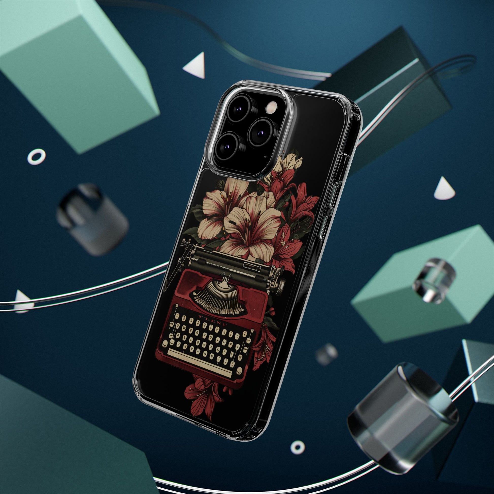Dark Academia Clear Phone Case Vintage Typewriter Floral Accents Cottagecore Typography Nostalgic Typewriter iPhone 13 14 15 16 Pro Max