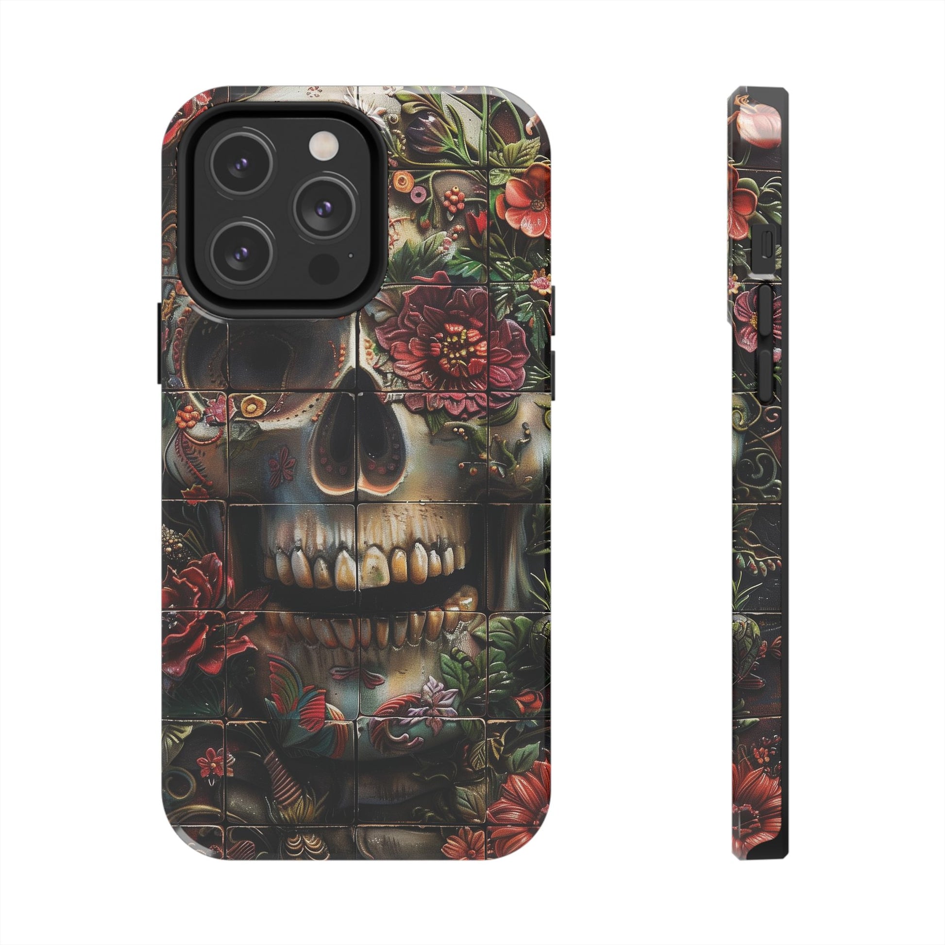 Sugar Skull Phone Case Flowers and Skeletons, Halloween Cottagecore Day of the Dead, Dia de Los Muertos Gothic, iPhone 15 Spooky Case