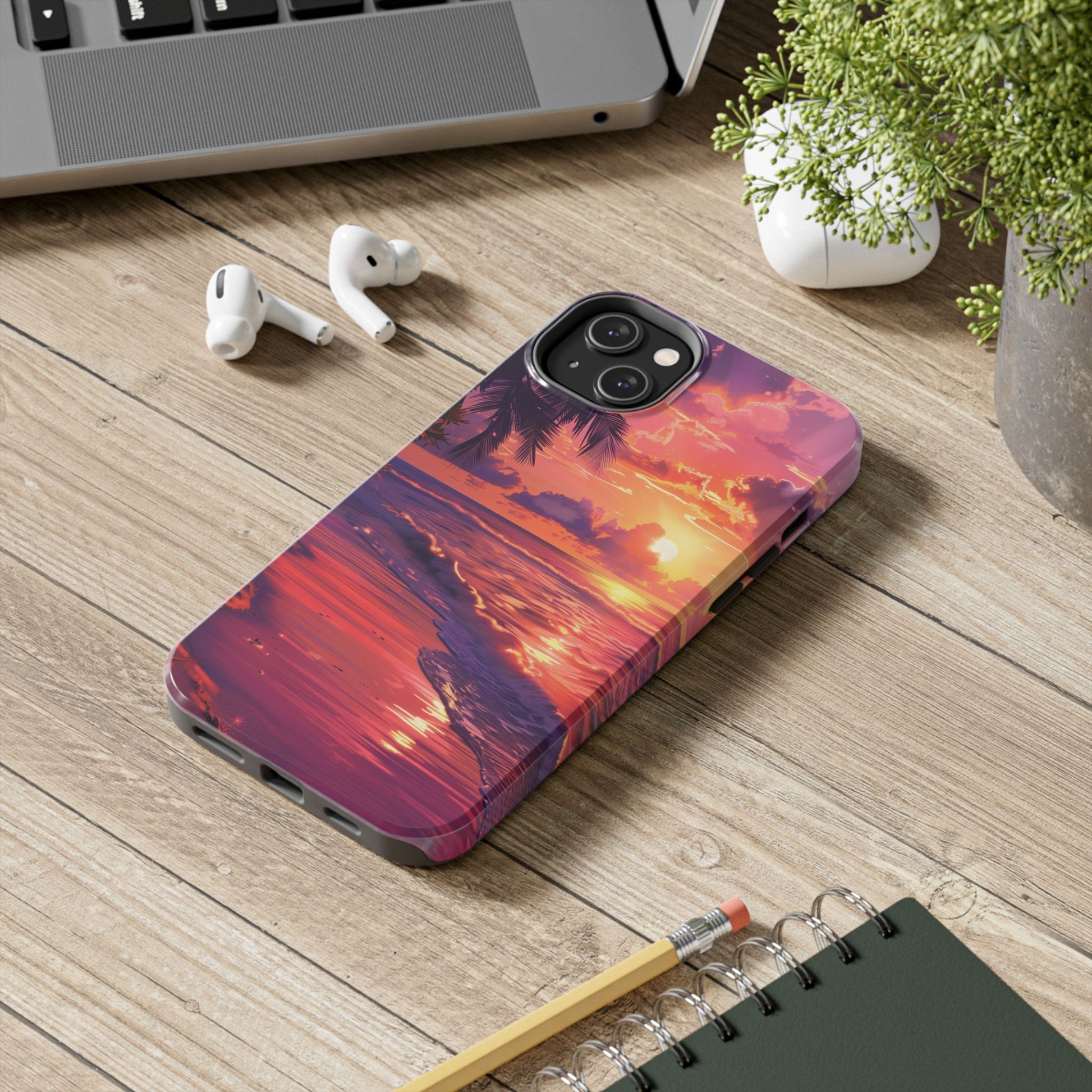 Tough Beach Scene Sunrise - Durable Case Lisa Frank Inspired Beach Art - Vibrant Beach Design - Colorful Phone Case for Beach Lovers