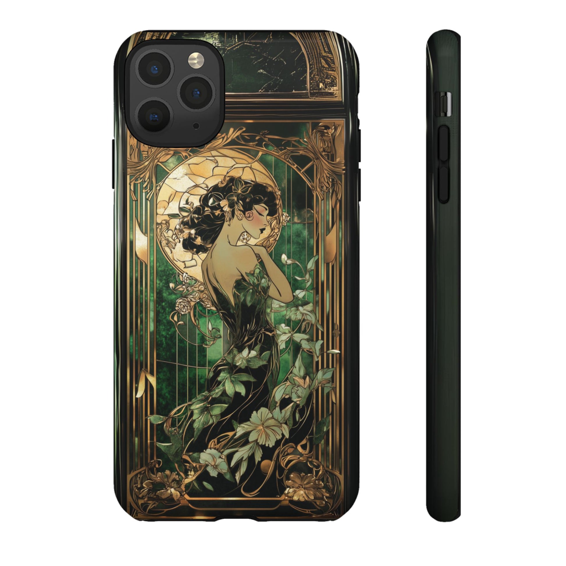 Art Deco Fairy Flapper Woman Phone Case 1920s Art Nouveau Design in Emerald & Gold Alphonse Mucha Style Gatsby Style Poster
