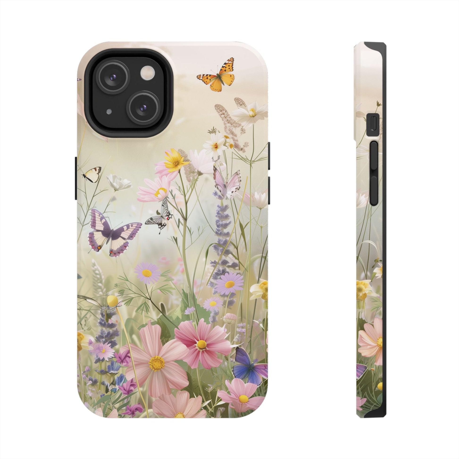 Butterfly Meadow Scene Cottagecore iPhone 15, Pastel Wildflowers & Butterflies, Natural iPhone Case, Cottagecore Garden Case, iPhone 14