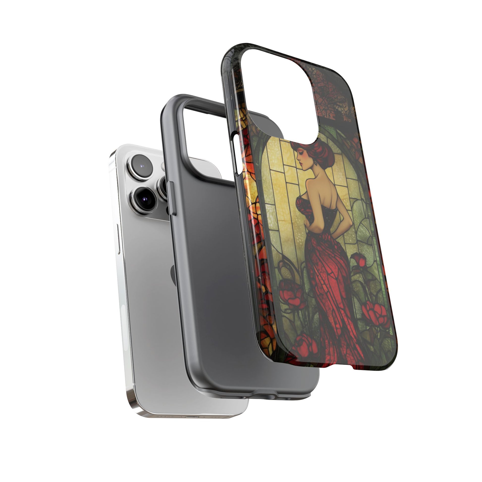 Art Deco Flapper Woman Rose Phone Case 1920s Art Nouveau Design in Red Stained Glass Alphonse Mucha Style Gatsby Style Poster
