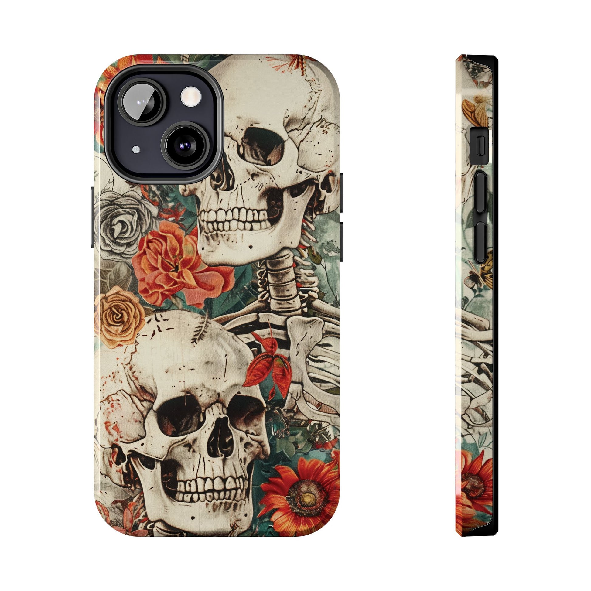 Skulls Floral Phone Case, Flowers and Skeletons , Halloween Cottagecore Day of the Dead, iPhone Dia de Los Muertos Gothic