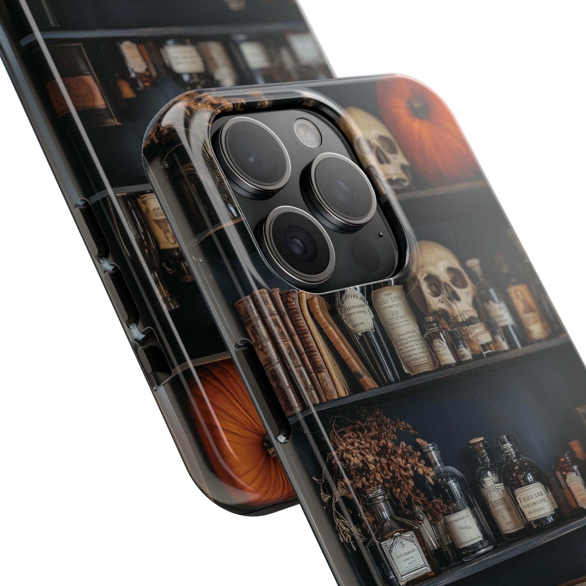 Bookcase Apothecary Goth Dark Academia Skulls floral Black Halloween Pumpkins Samsung Galaxy Apple iPhone 15 Pro Max Case  S24 S23 B