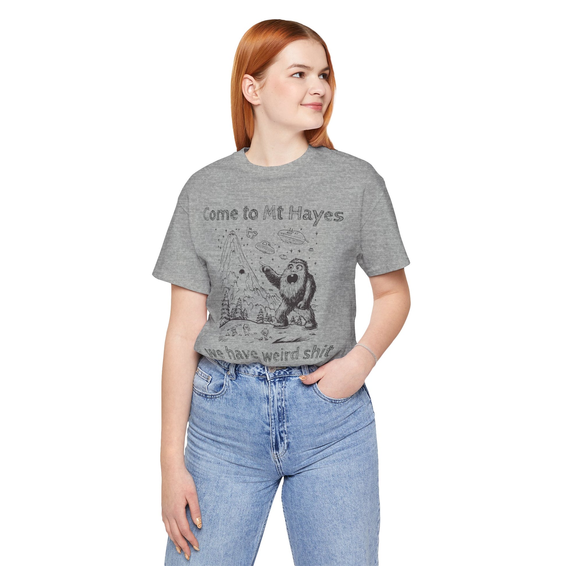 Alien Conspiracy Unisex Tee, Bigfoot Mountain Sketch Shirt, UFO Weird Stuff Tshirt, California Men's Top, Space Extraterrestrial Shirt