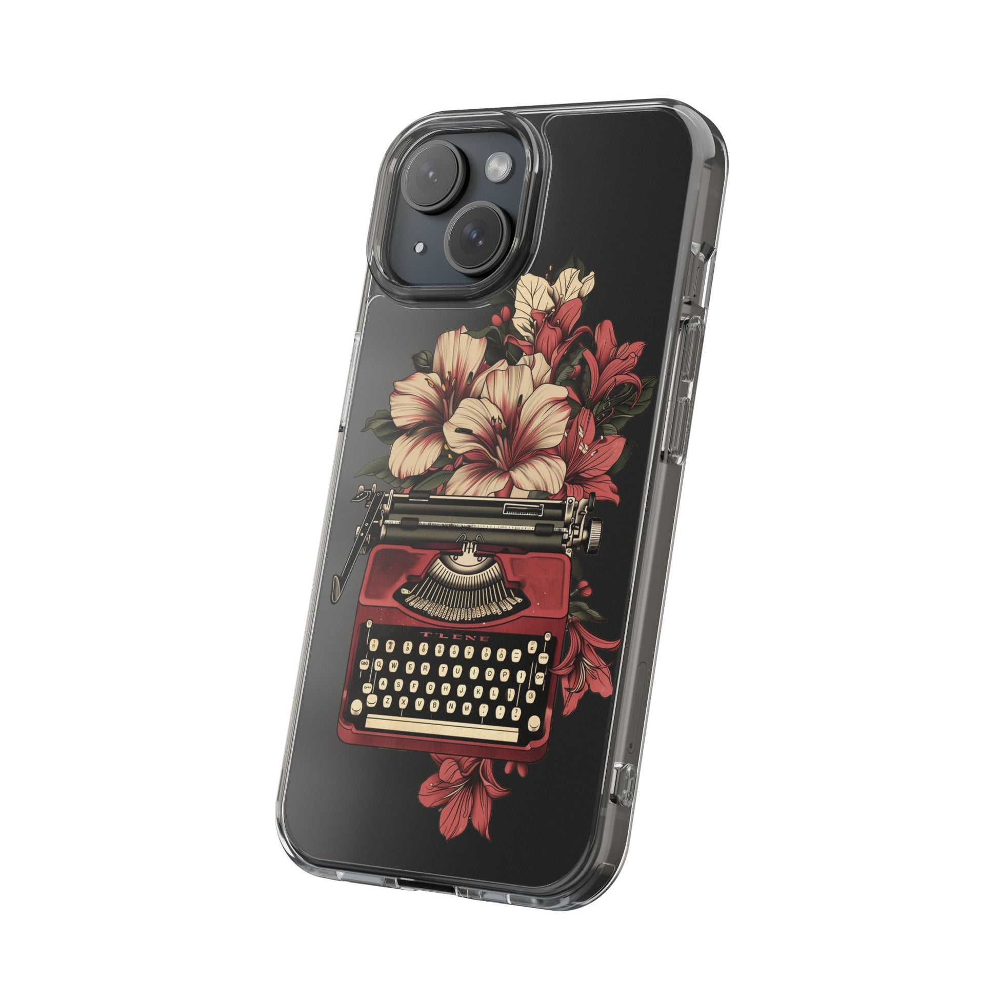 Dark Academia Clear Phone Case Vintage Typewriter Floral Accents Cottagecore Typography Nostalgic Typewriter iPhone 13 14 15 16 Pro Max