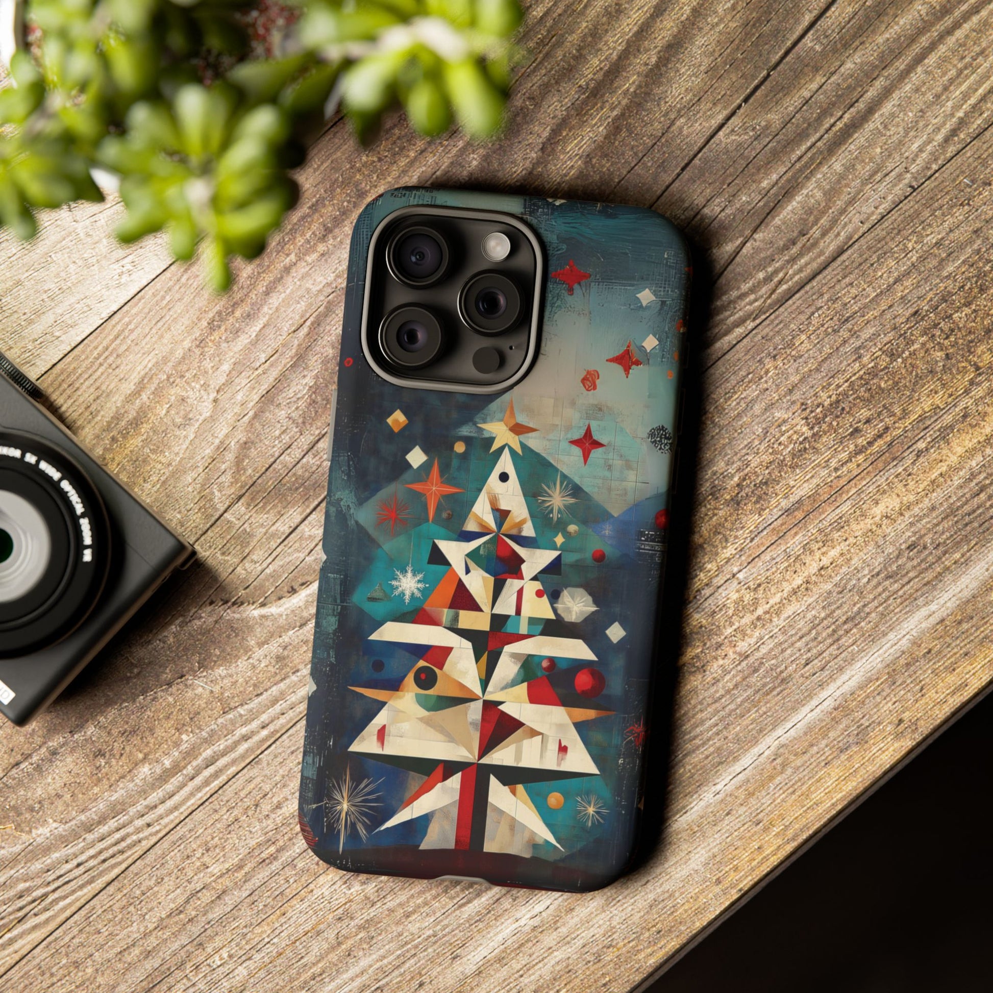 Mosaic Festive Christmas Tree Art Deco Stained Glass Phone Case Rankin Bass Style MidMod Design iPhone 13 14 15 16 Pro Max Pixel Galaxy