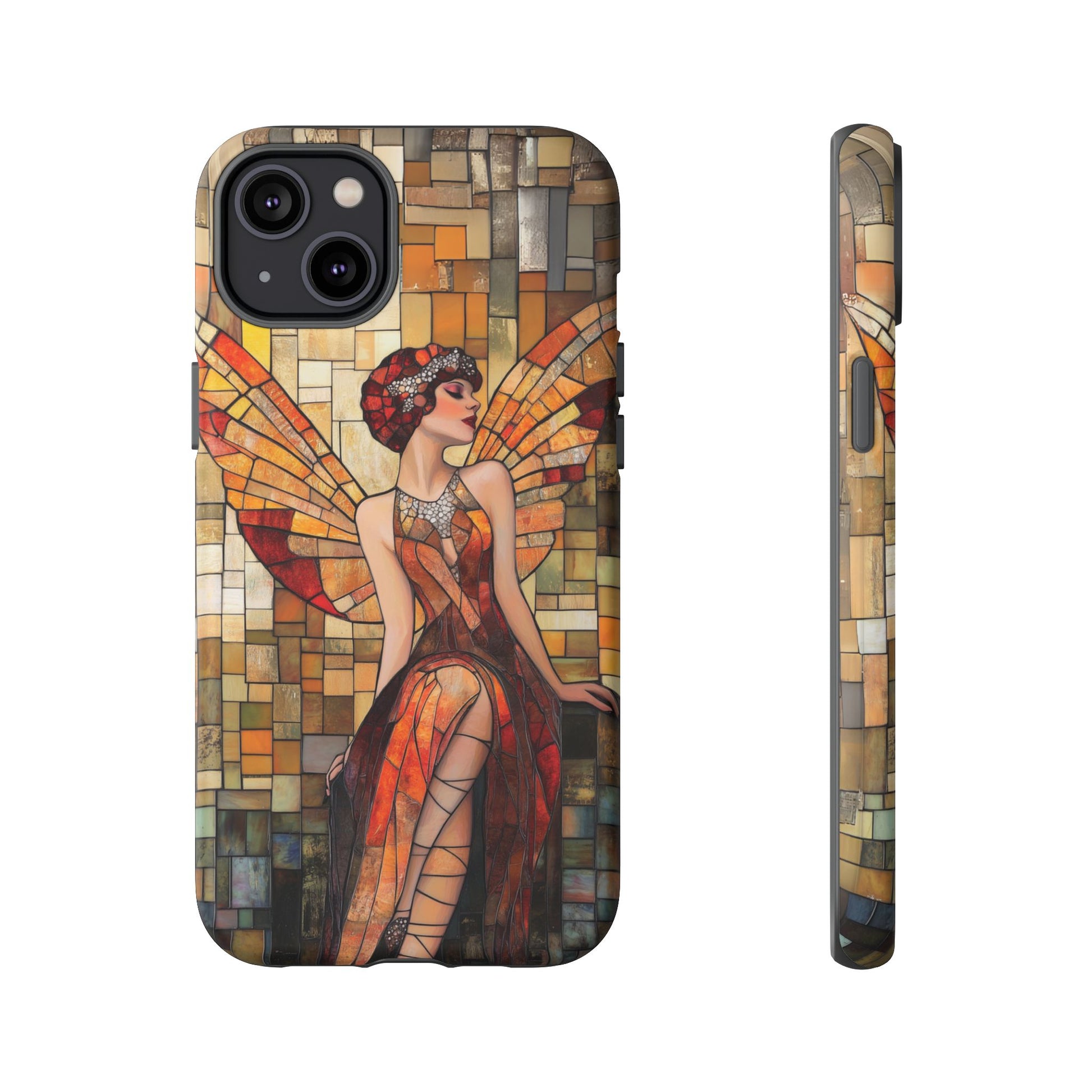 Phone Case Art Deco Flapper Fairy Woman Mosaic Stained 1920s Art Nouveau Design in Red Yellow Orange Alphonse Mucha Gatsby Style Poster