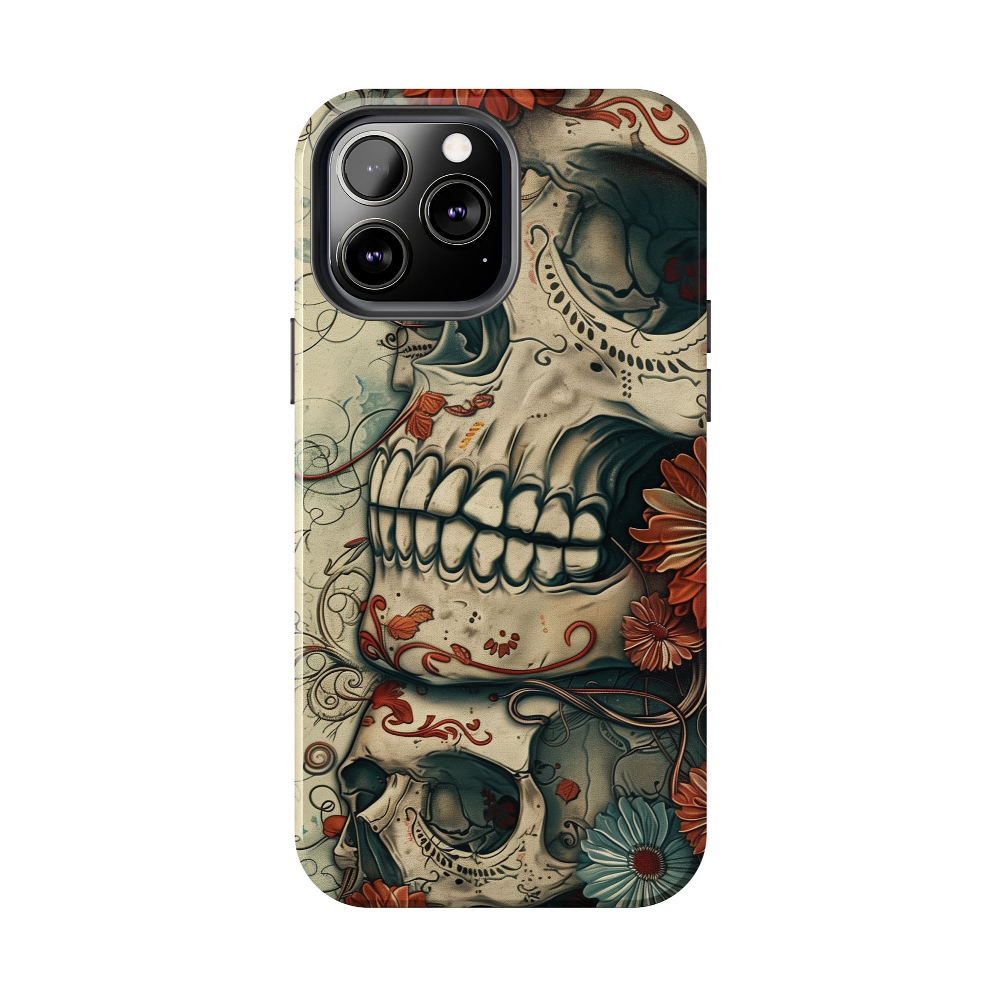Skulls Floral Phone Case, Flowers and Skeletons , Halloween Cottagecore Day of the Dead, iPhone Dia de Los Muertos Gothic