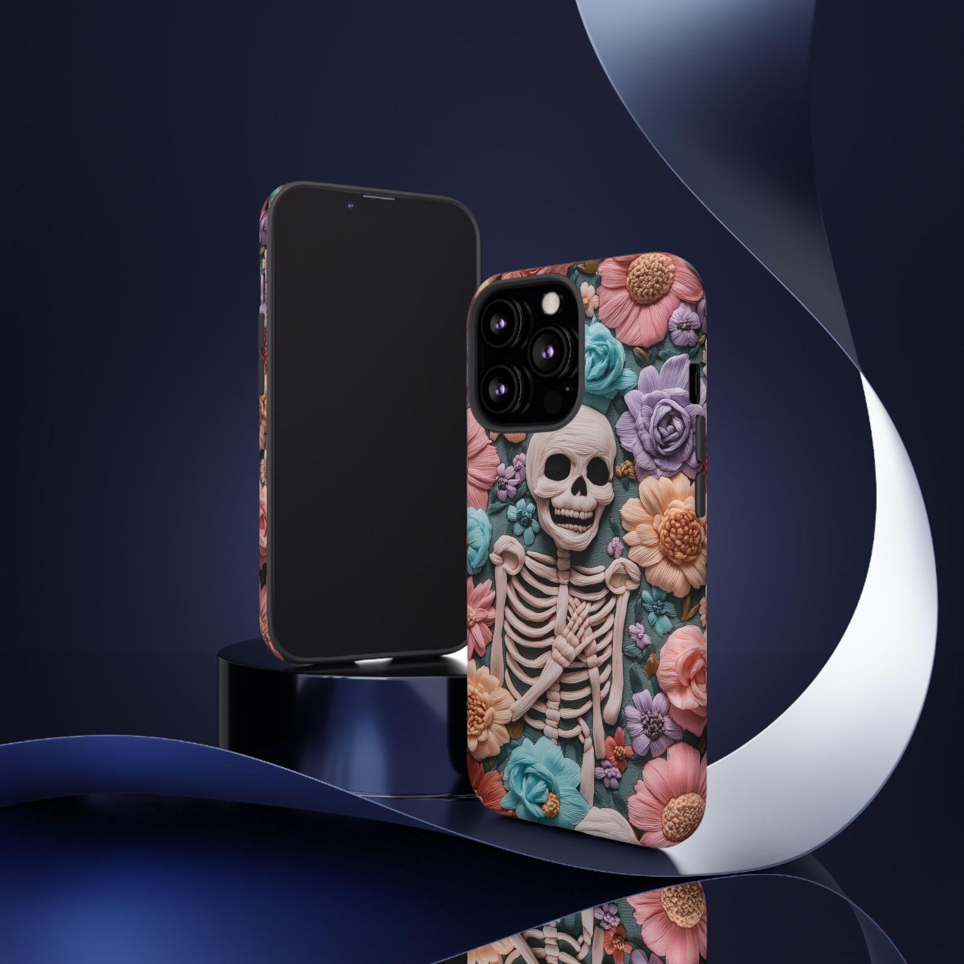 Embroidered Skeleton Gothic Cottagecore Halloween Phone Case 3D Look Flowers Pastel Custom 13 14 15 16 Pro Max Plus Galaxy Pixel