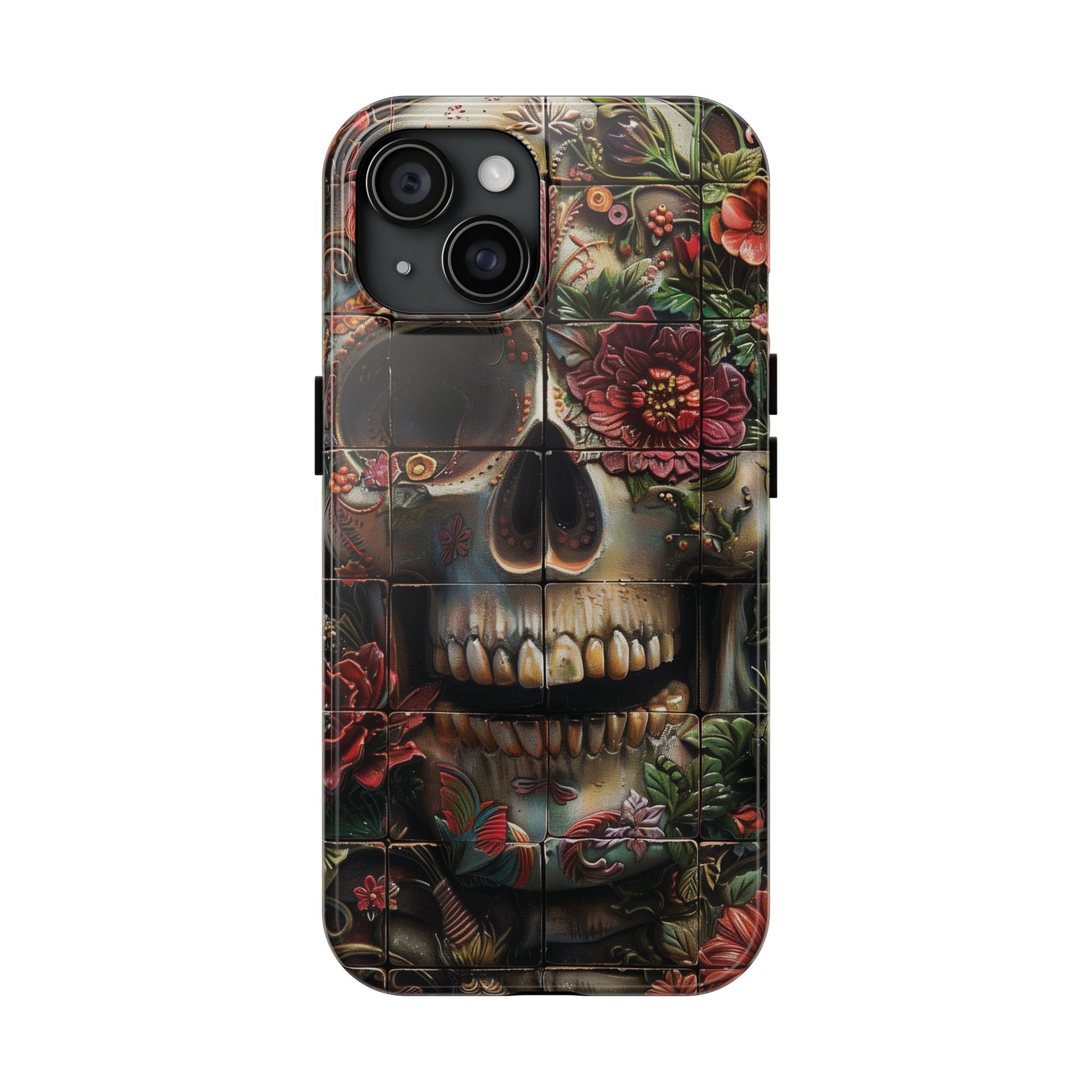 Sugar Skull Phone Case Flowers and Skeletons, Halloween Cottagecore Day of the Dead, Dia de Los Muertos Gothic, iPhone 15 Spooky Case