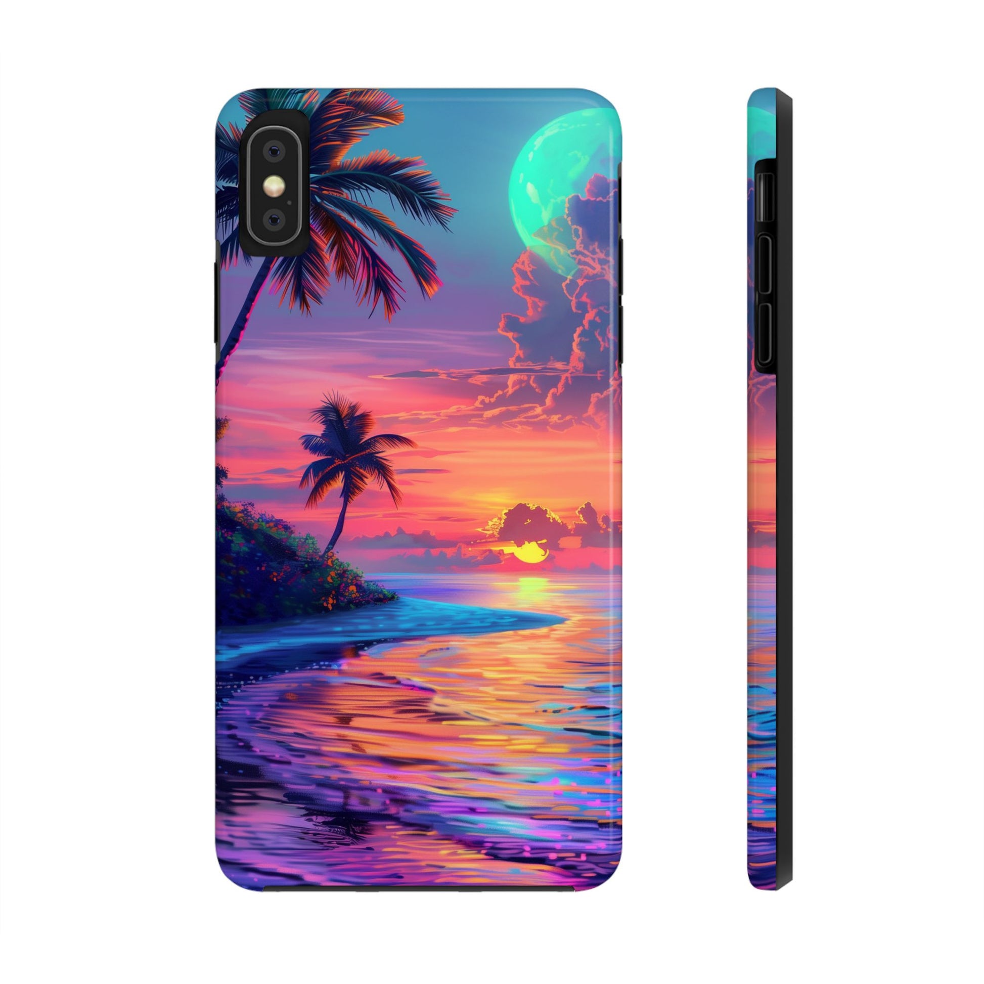 Tough Beach Scene Phone Case - Durable Phone Cover with Lisa Frank Inspired Beach Art - Protective Case with Vibrant Beach Design