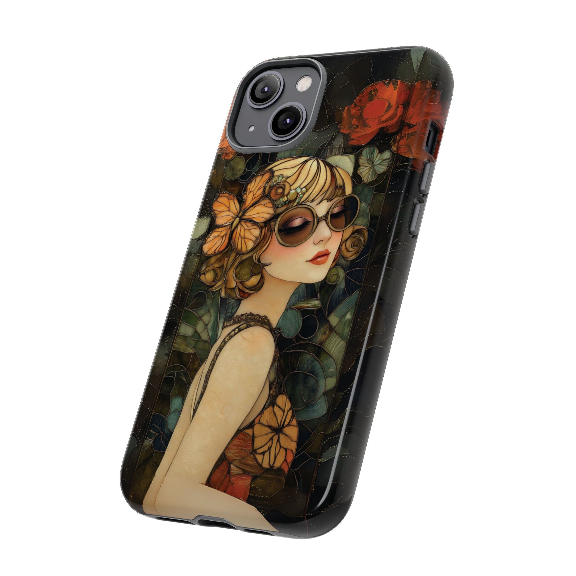 Butterfly Art Deco Flapper Woman Mosaic Phone Case 1920s Art Nouveau Design in Red Stained Glass Alphonse Mucha Style Gatsby Style Poster