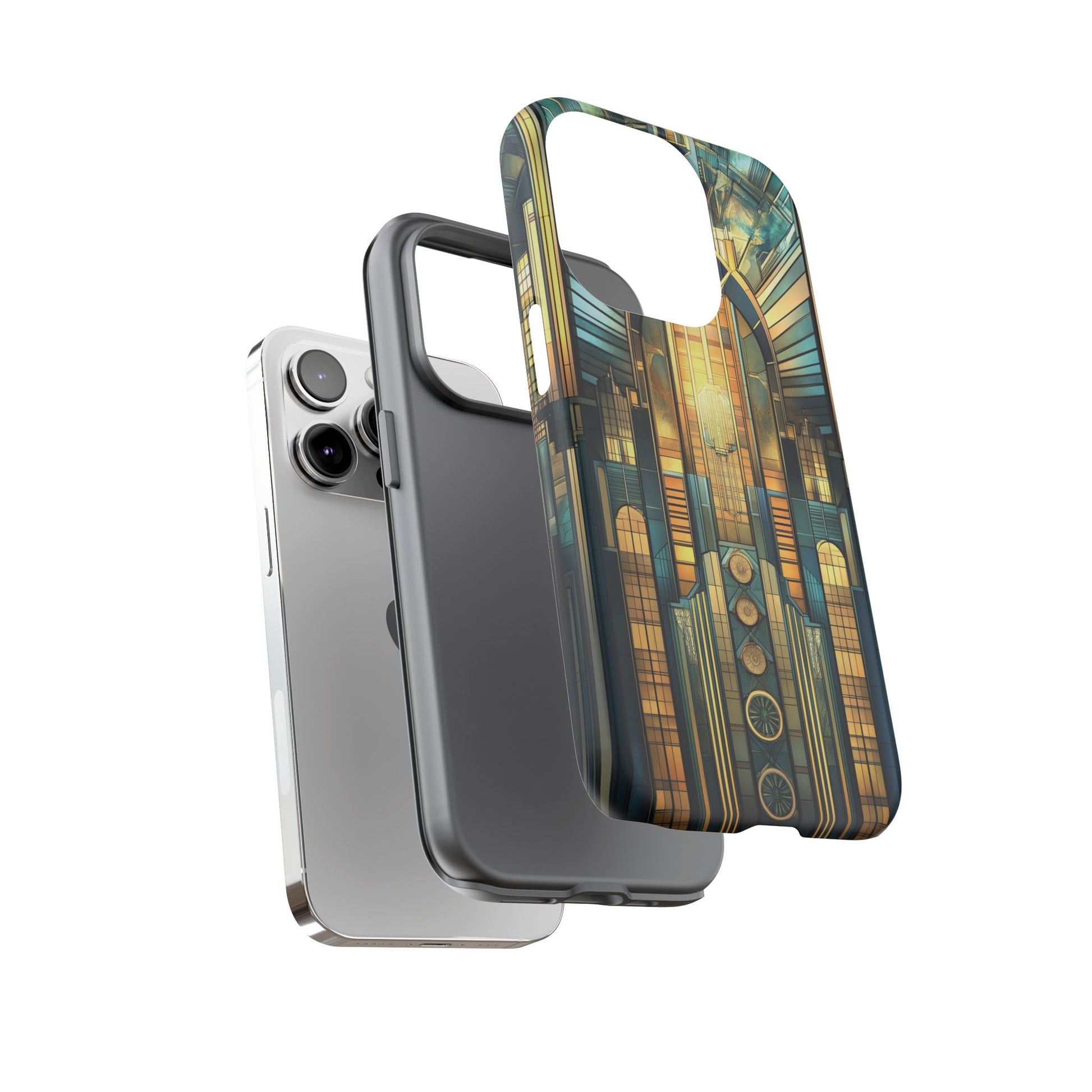 Phone Case Art Deco City Frank Lloyd Wright Teal Gold Protective Covers, Stylish Accessories, Great Gatsby Noir Nouveau iPhone 14 15 16 Pro